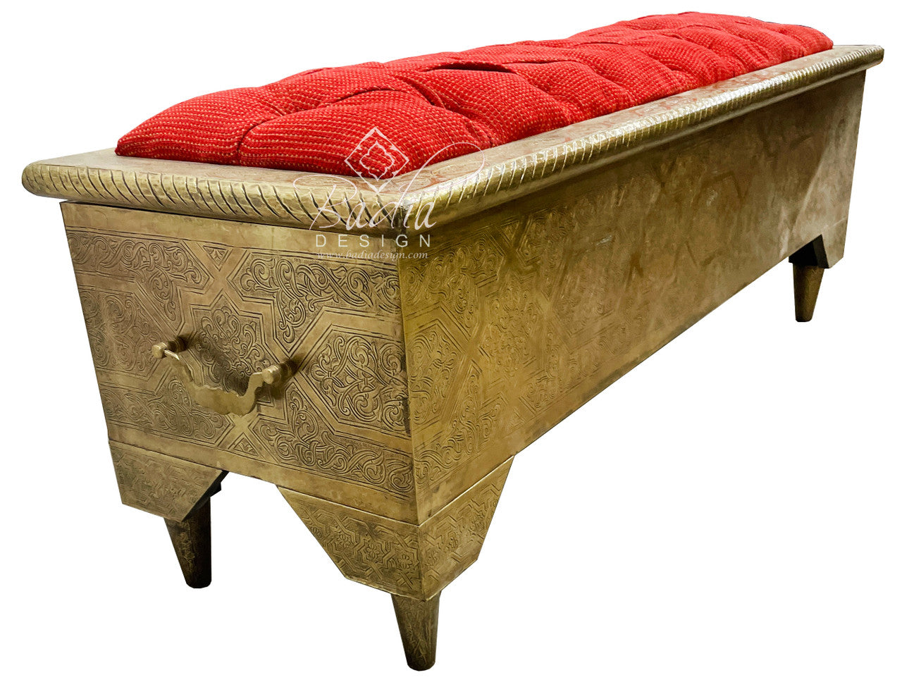Hand Carved Embossed Brass Bench with Fabric Seat