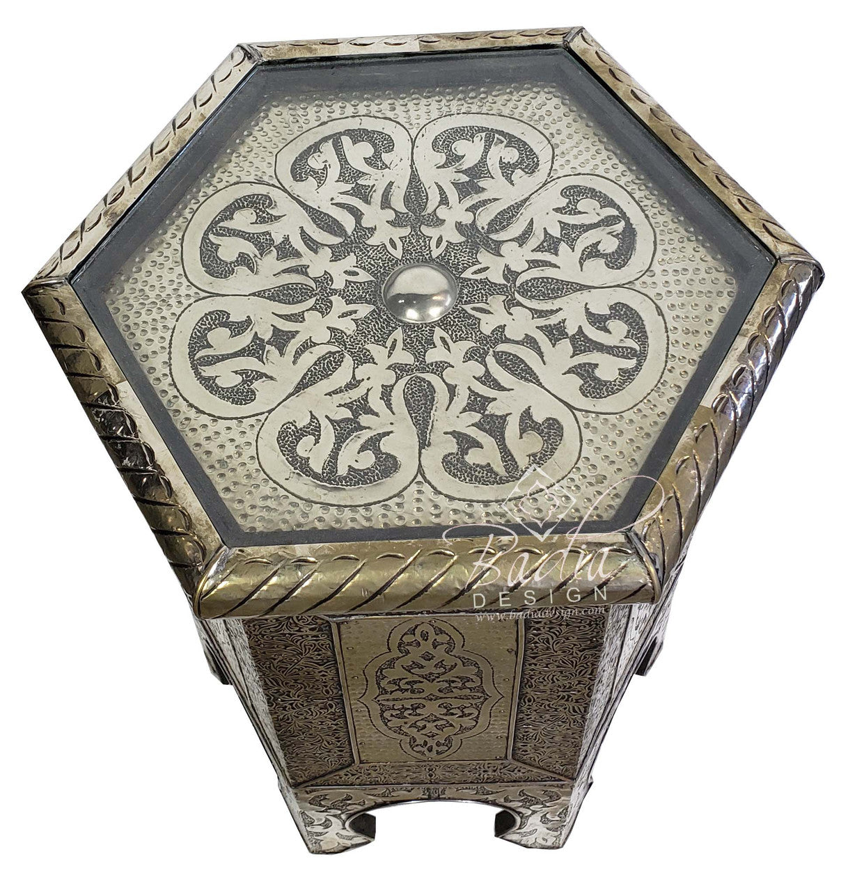 Hand Carved Silver Embossed Nickel Table with Glass Top