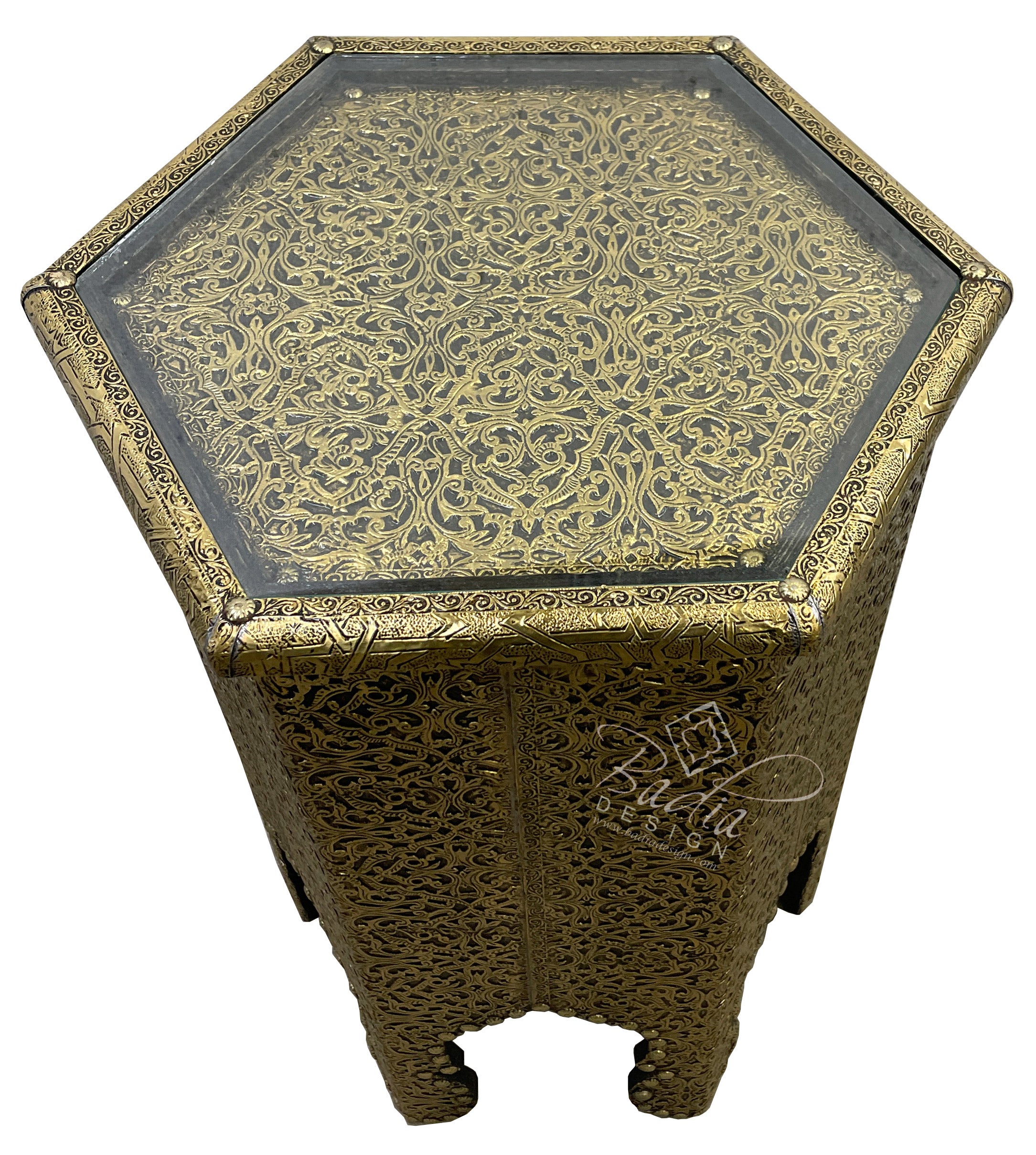 Moroccan Hand Carved Brass Table with Glass Top