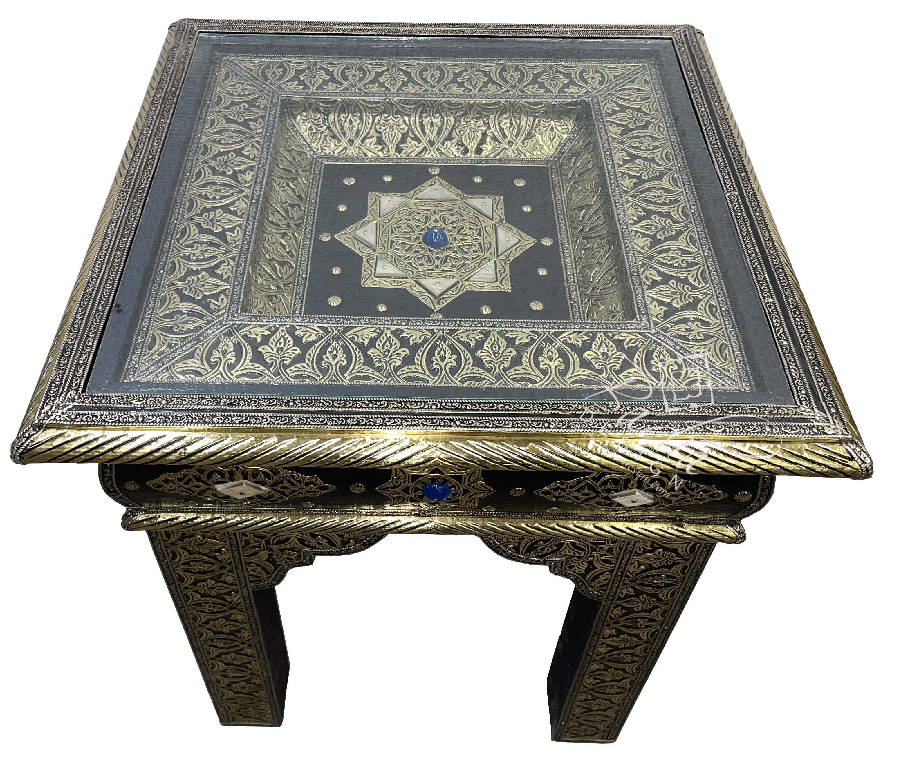 Moroccan Hand Carved Brass Embossed Table with Glass Top