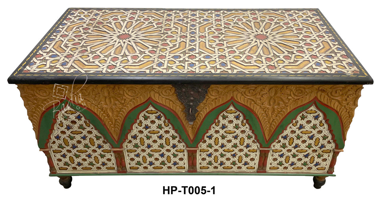 Multi-Color Hand Painted Carved Wood Chest