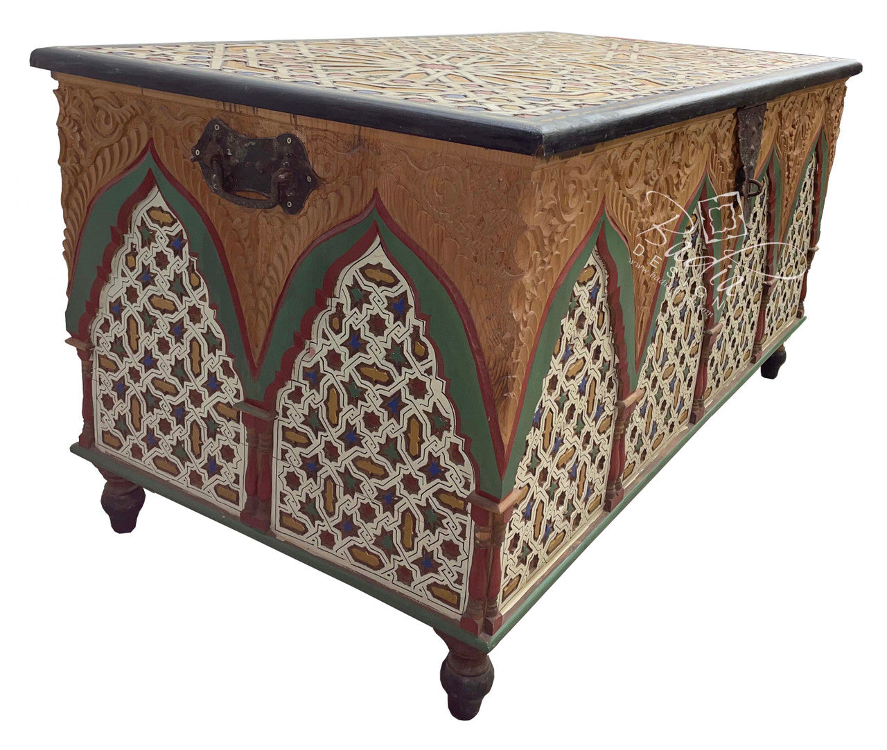 Multi-Color Hand Painted Carved Wood Chest