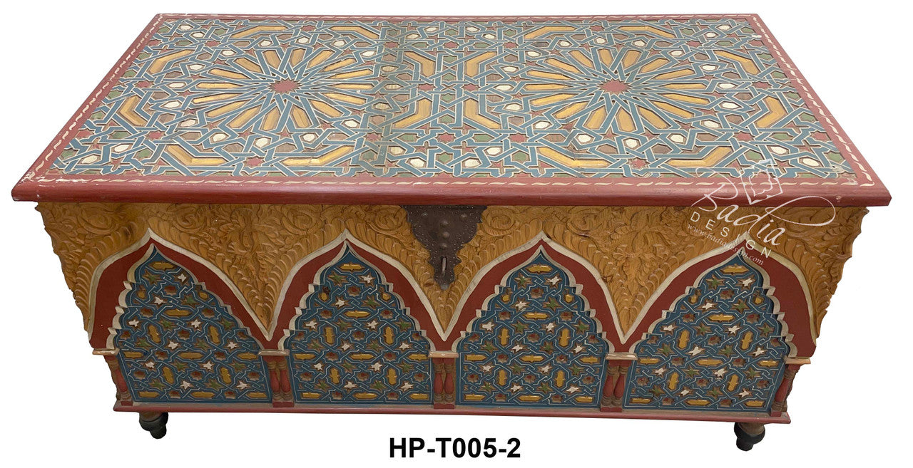 Multi-Color Hand Painted Carved Wood Chest
