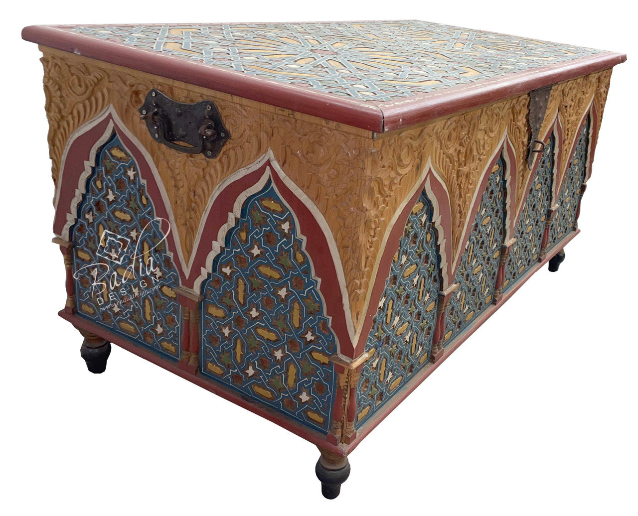 Multi-Color Hand Painted Carved Wood Chest