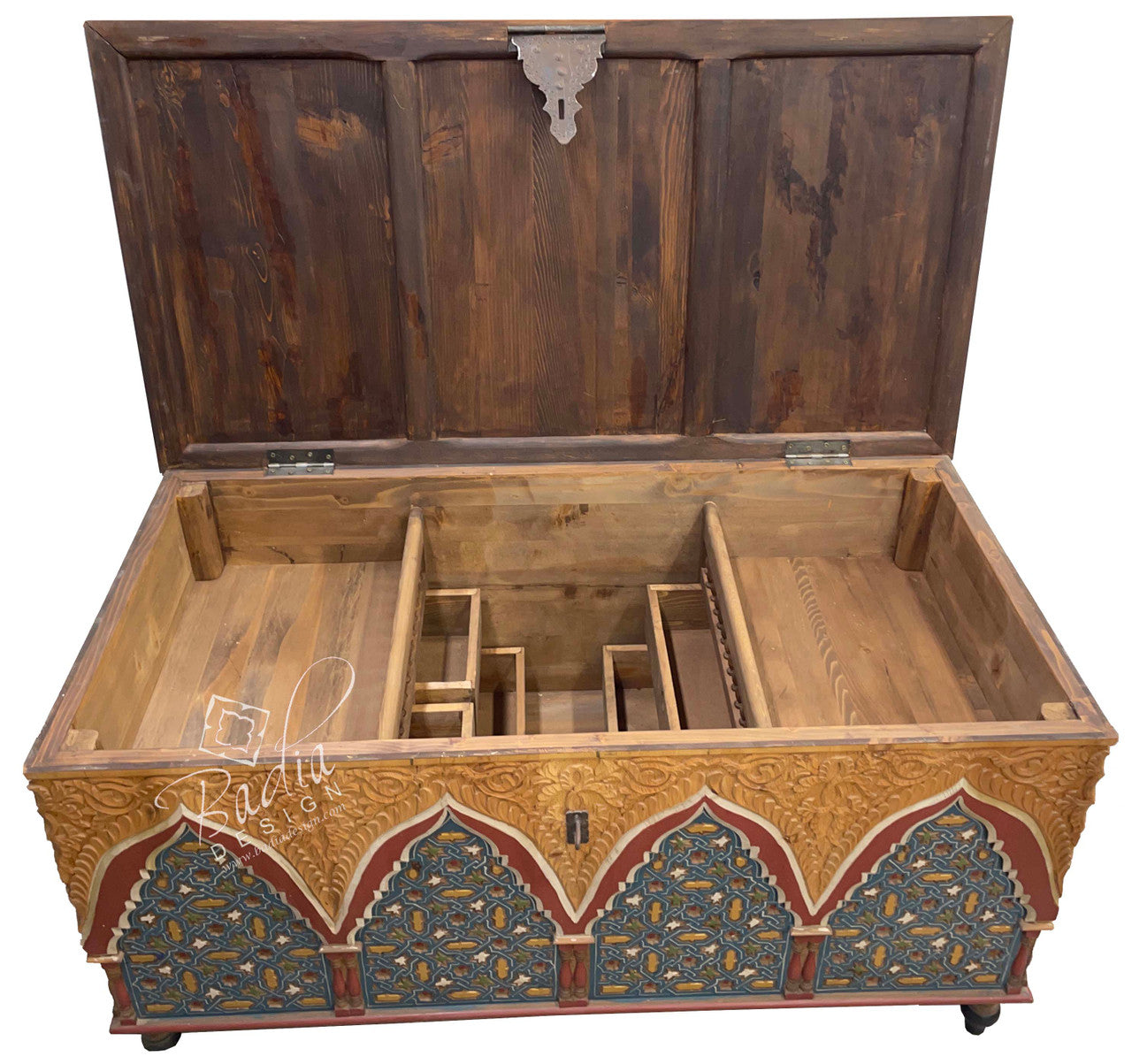 Multi-Color Hand Painted Carved Wood Chest