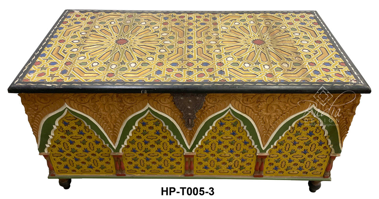 Multi-Color Hand Painted Carved Wood Chest