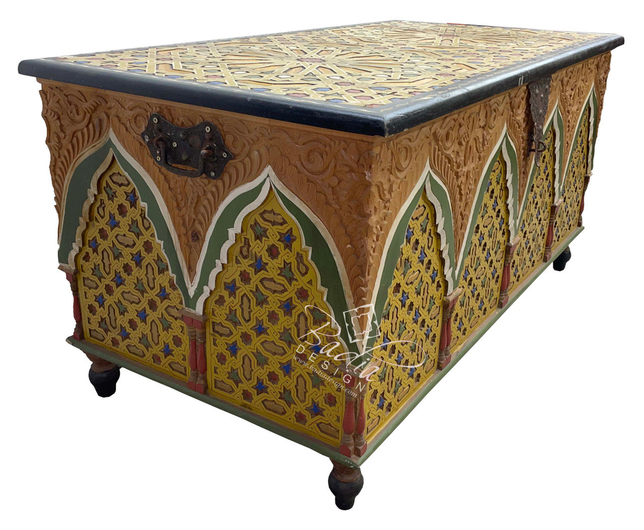Multi-Color Hand Painted Carved Wood Chest