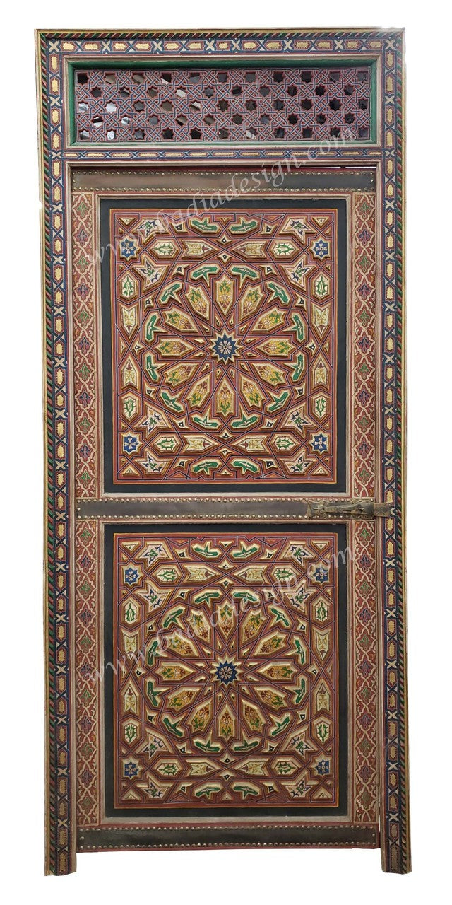 Moroccan Hand Painted and Carved Wooden Door