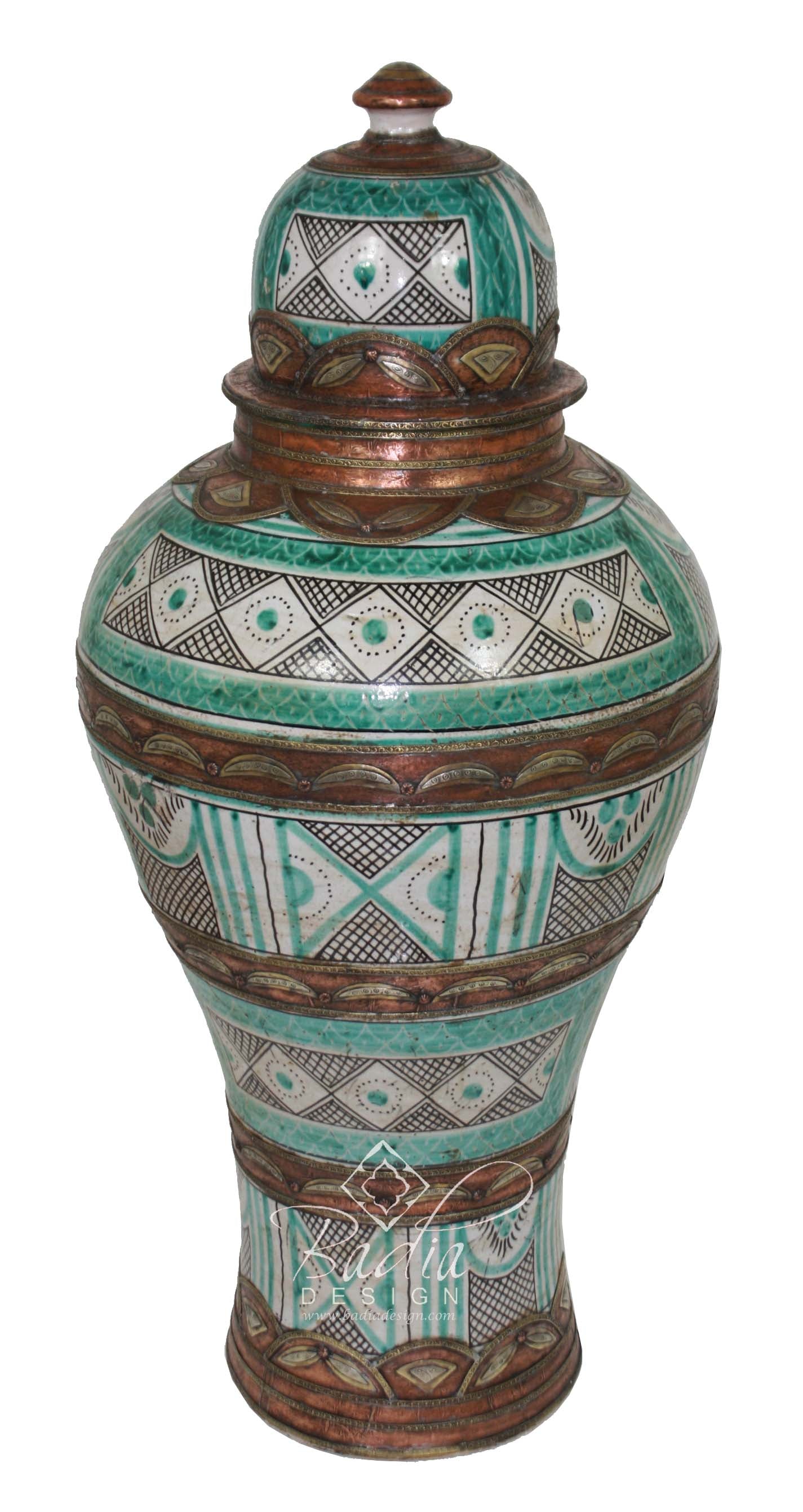 Moroccan Hand Painted Metal and Ceramic Urn
