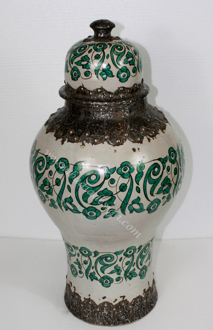 Hand Painted Metal and Ceramic Urn