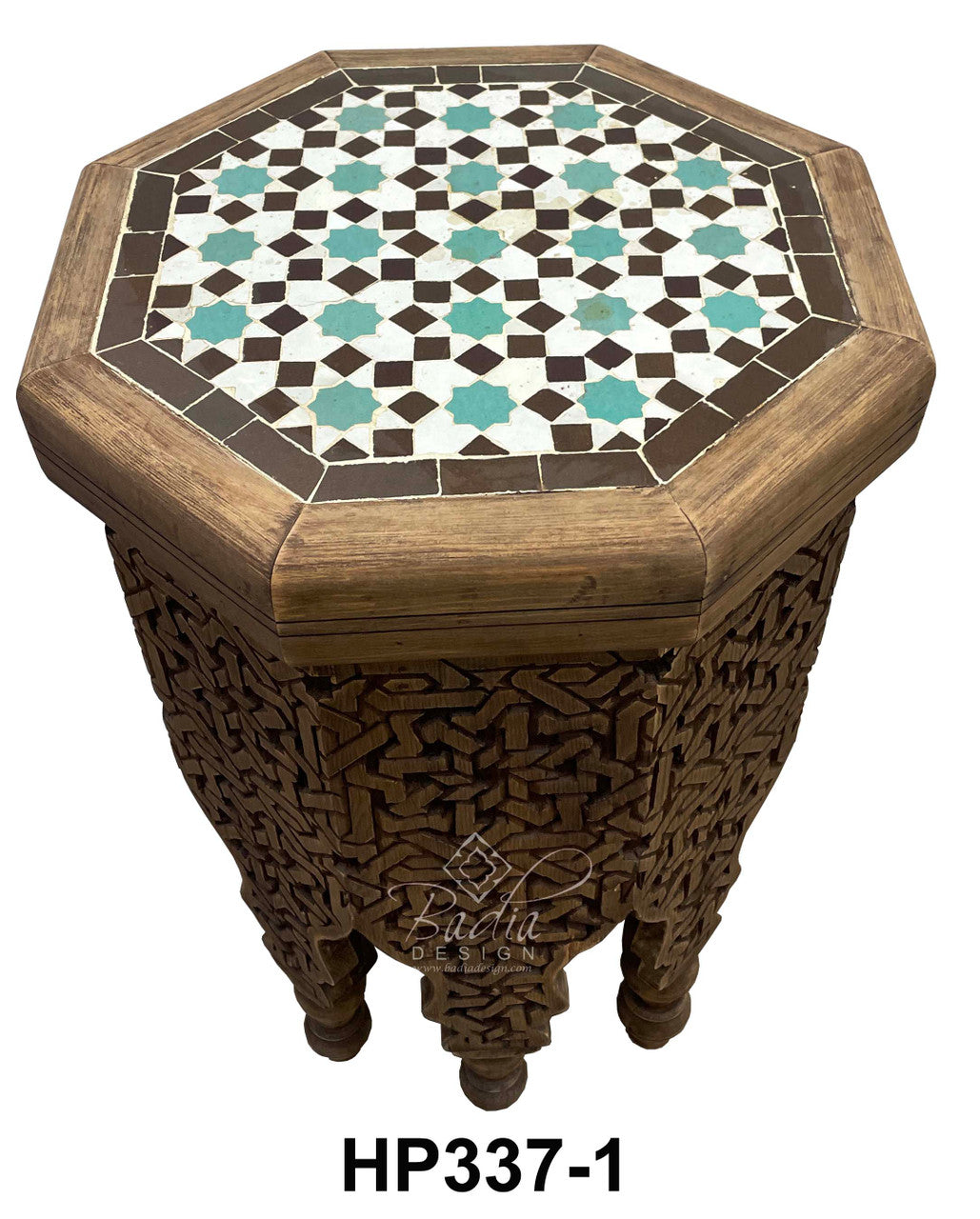 Hand Carved Side Table with Tile Top