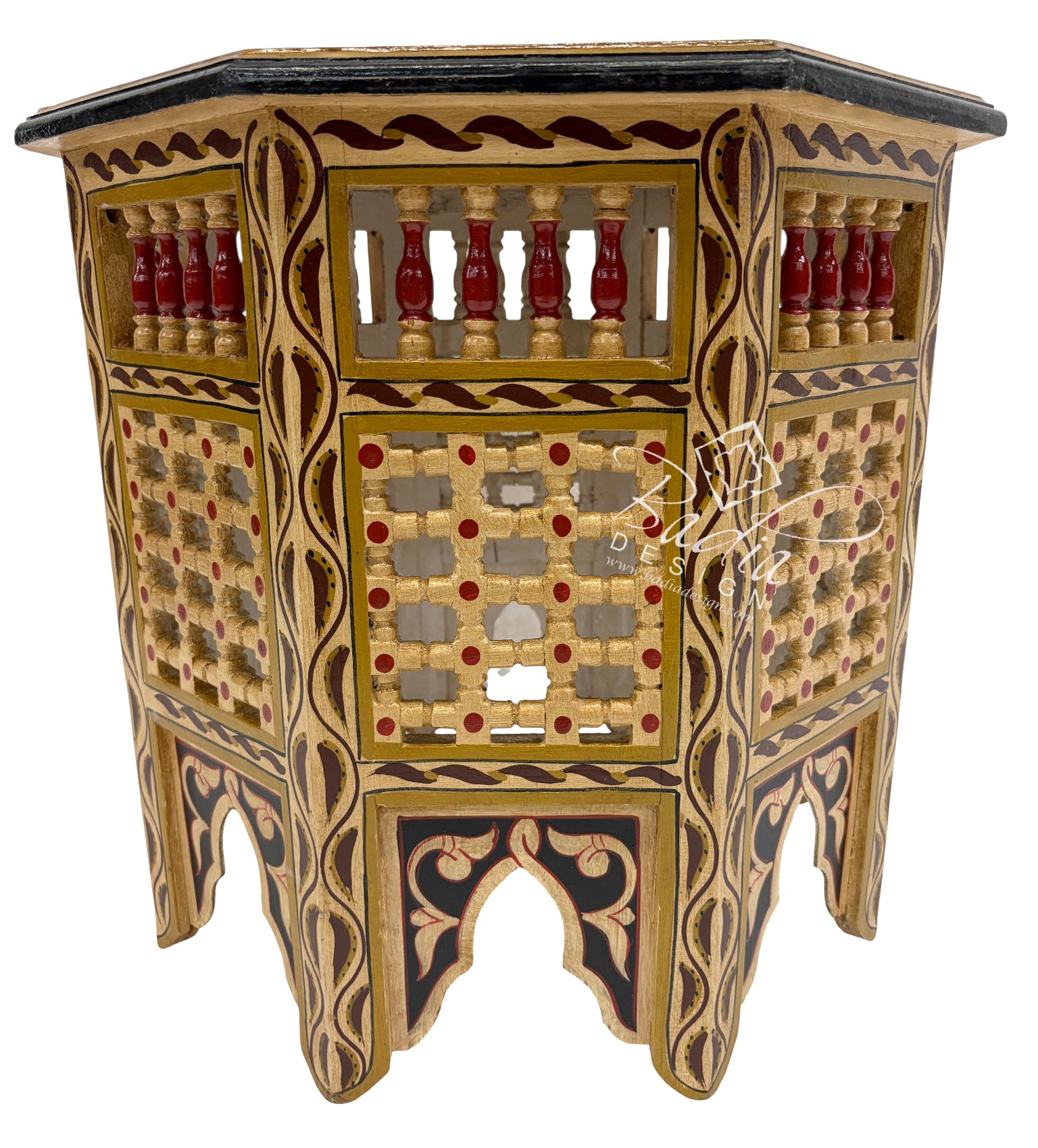 Decorative wooden side table with intricate patterns and designs on a white background