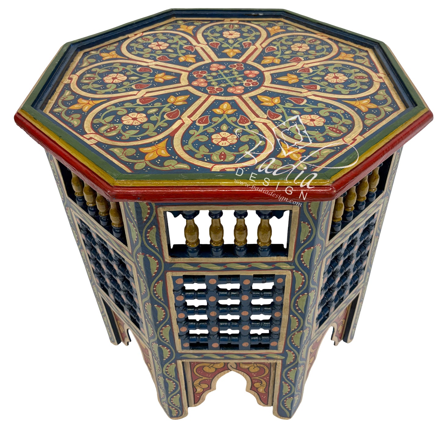 Blue Decorative hexagonal table with intricate patterns on a white background