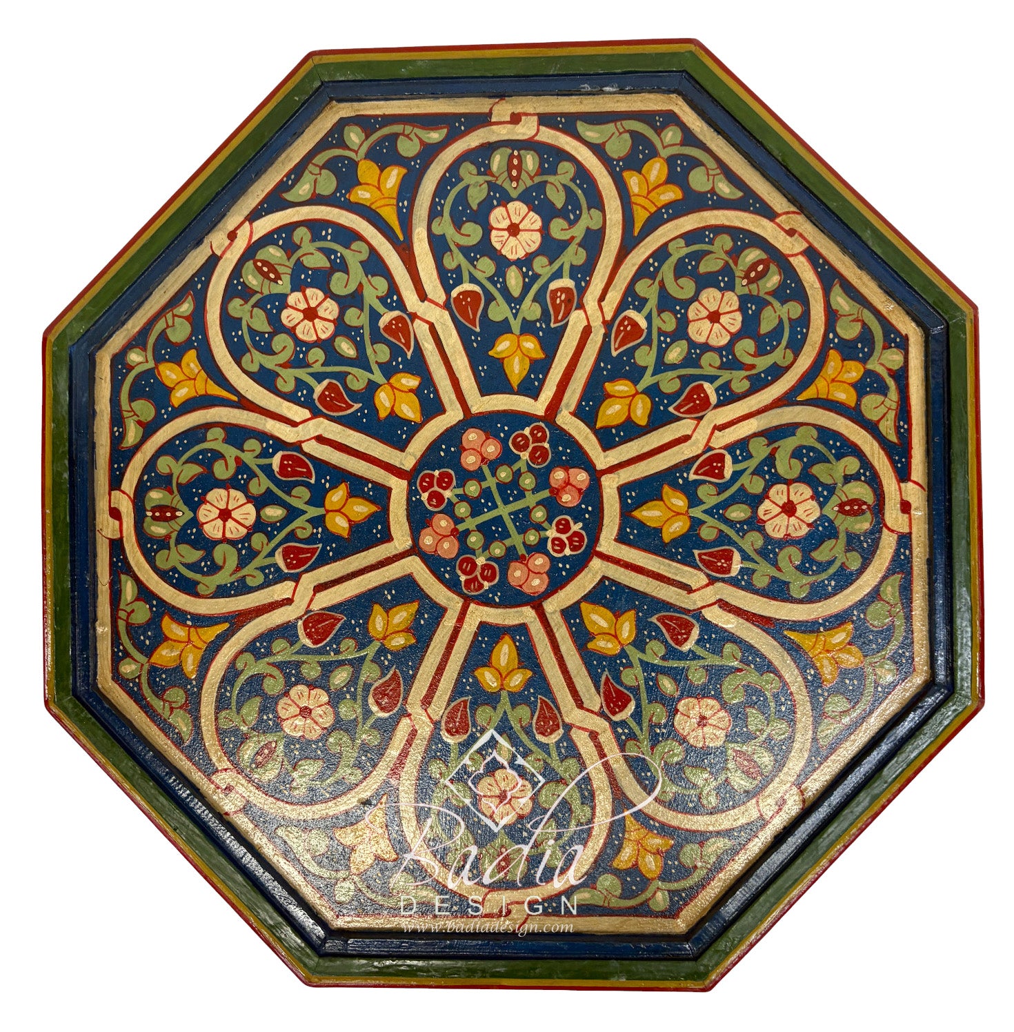 Decorative octagonal table top with floral patterns on a white background