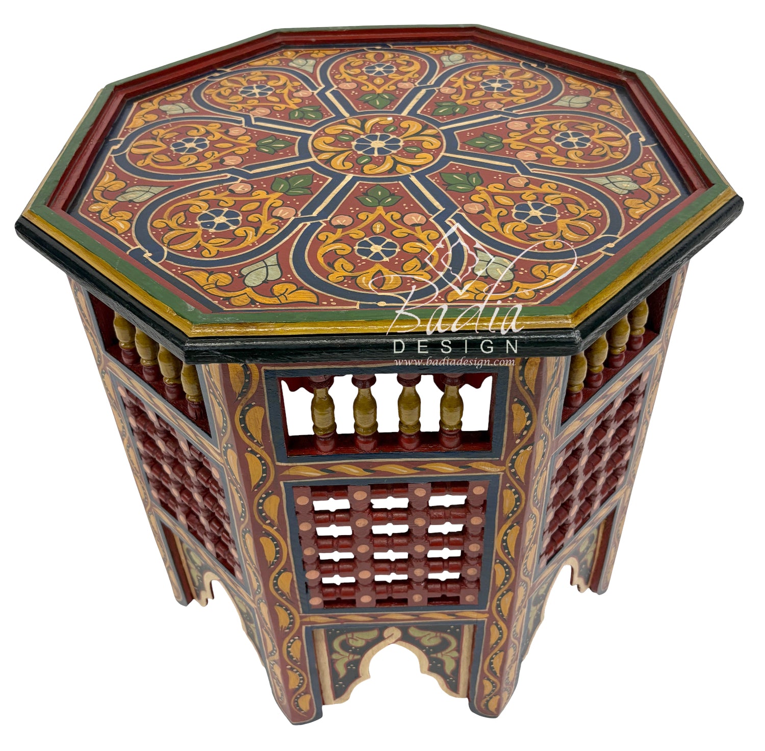 Multi-Color Decorative hexagonal table with intricate patterns on a white background