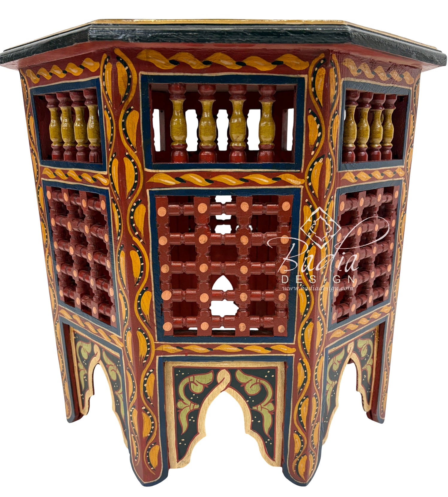 Red Decorative wooden side table with intricate carvings and colorful patterns, featuring the brand &