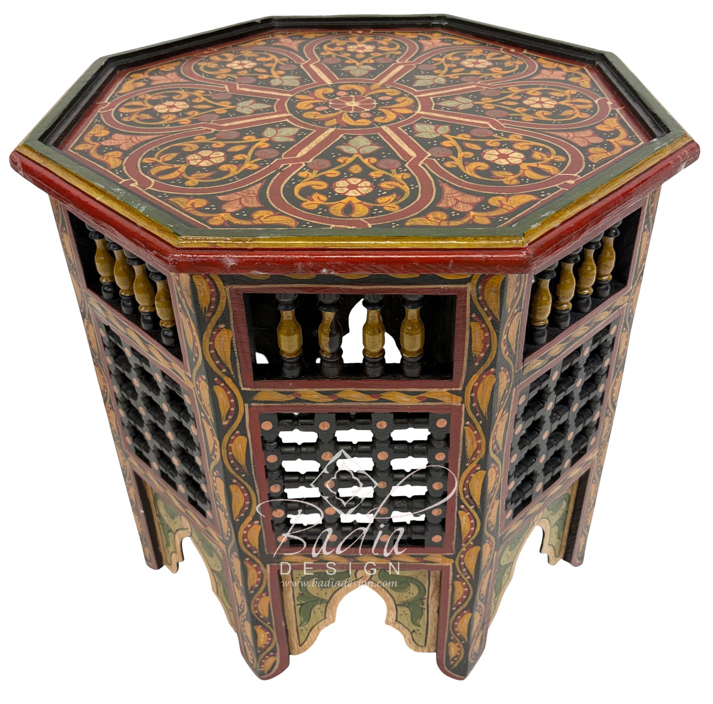 Decorative hexagonal table with intricate patterns and a wine rack design, featuring the Badiia Design logo.