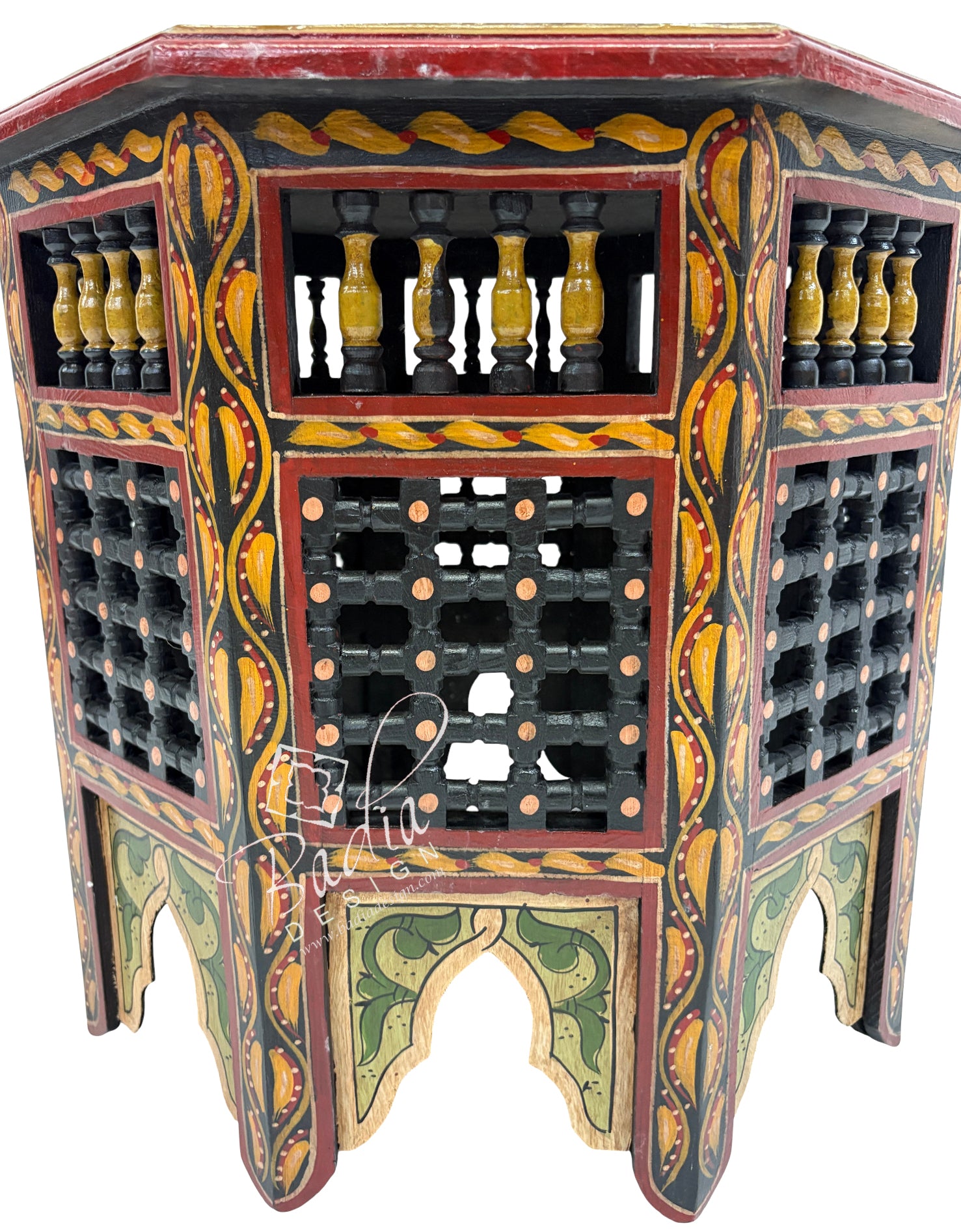 Green Decorative wine rack with intricate designs on a white background