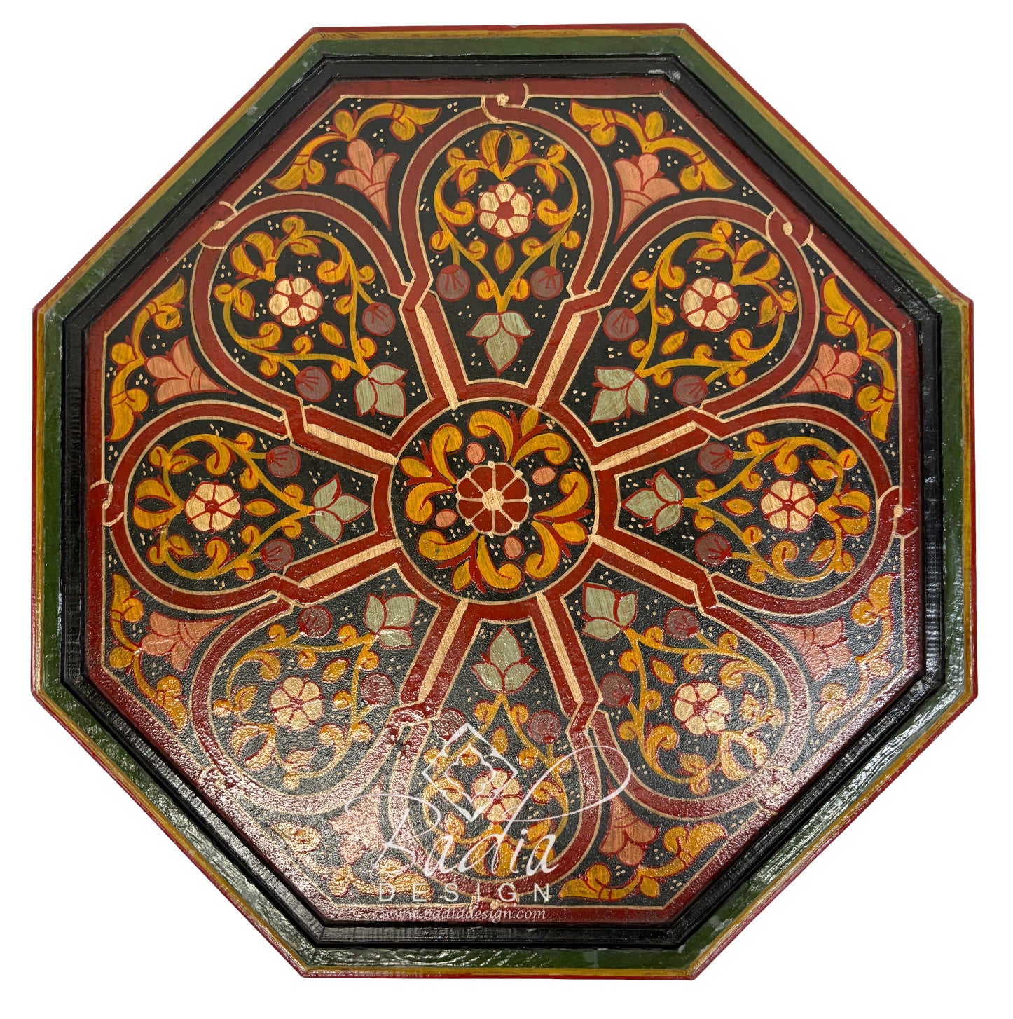 Green Decorative octagonal table top with intricate floral patterns on a white background