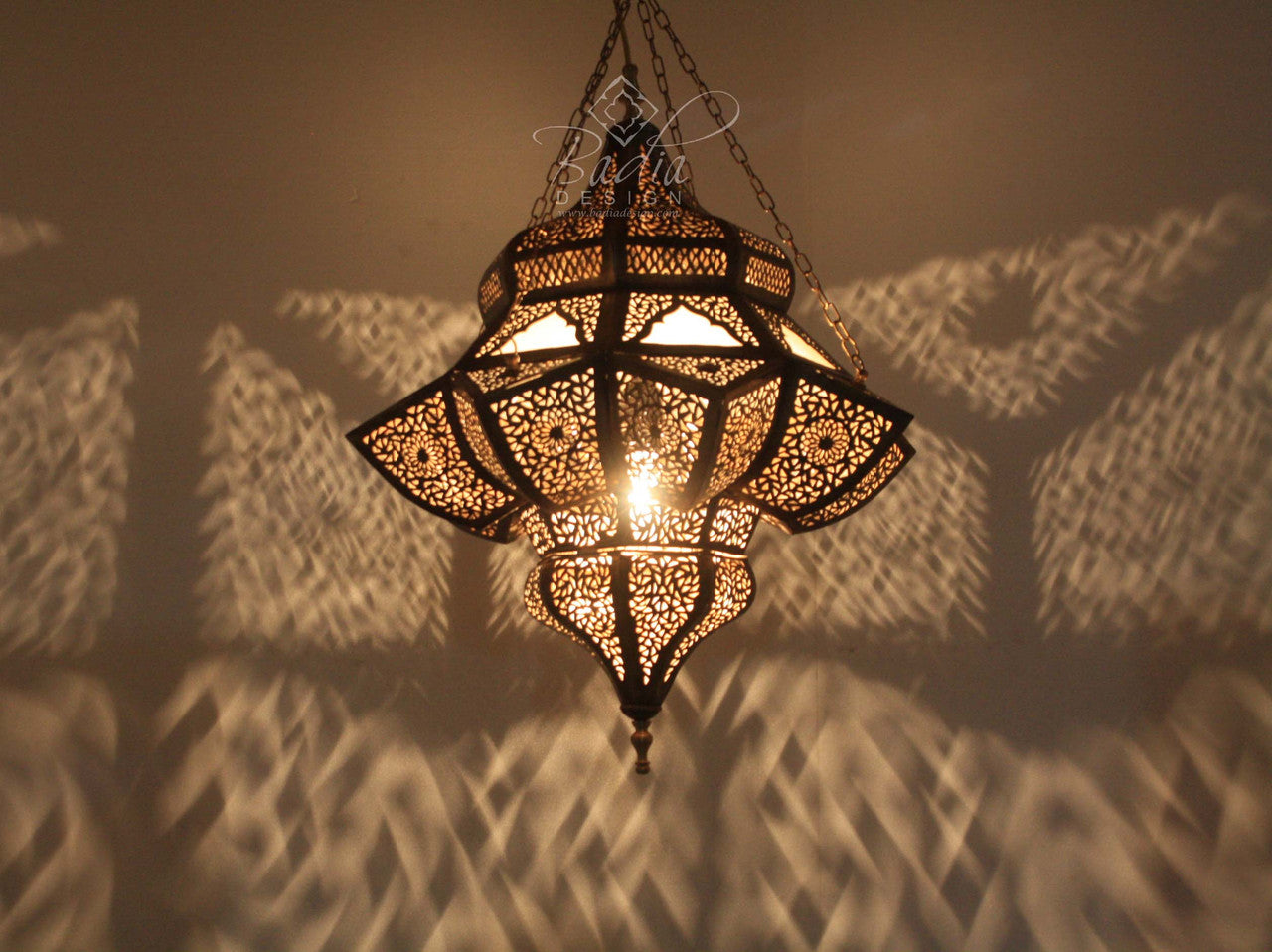 Hand Punched Brass Chandelier with White Glass