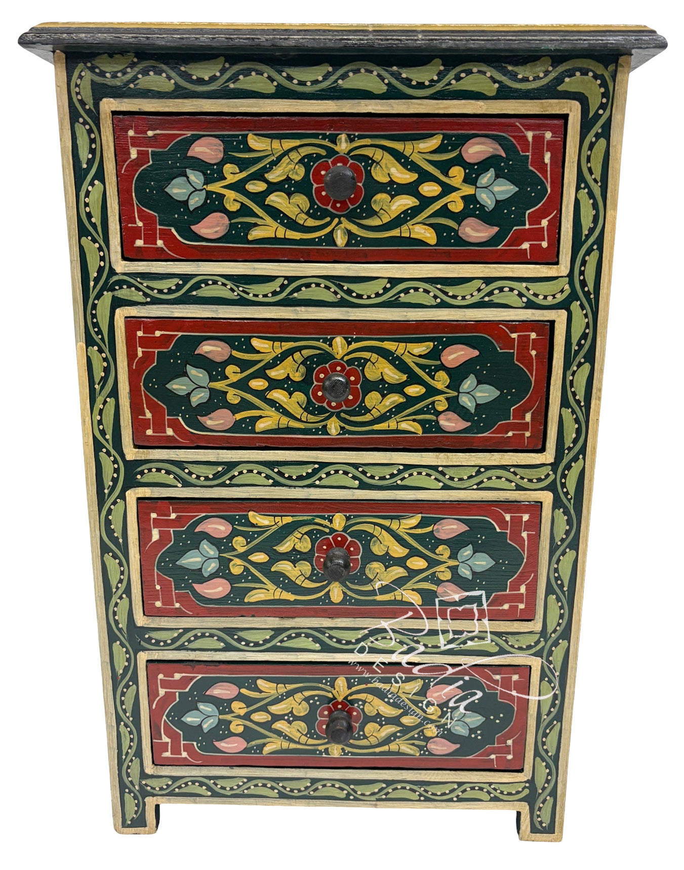 Decorative wooden chest of drawers with floral patterns on a white background