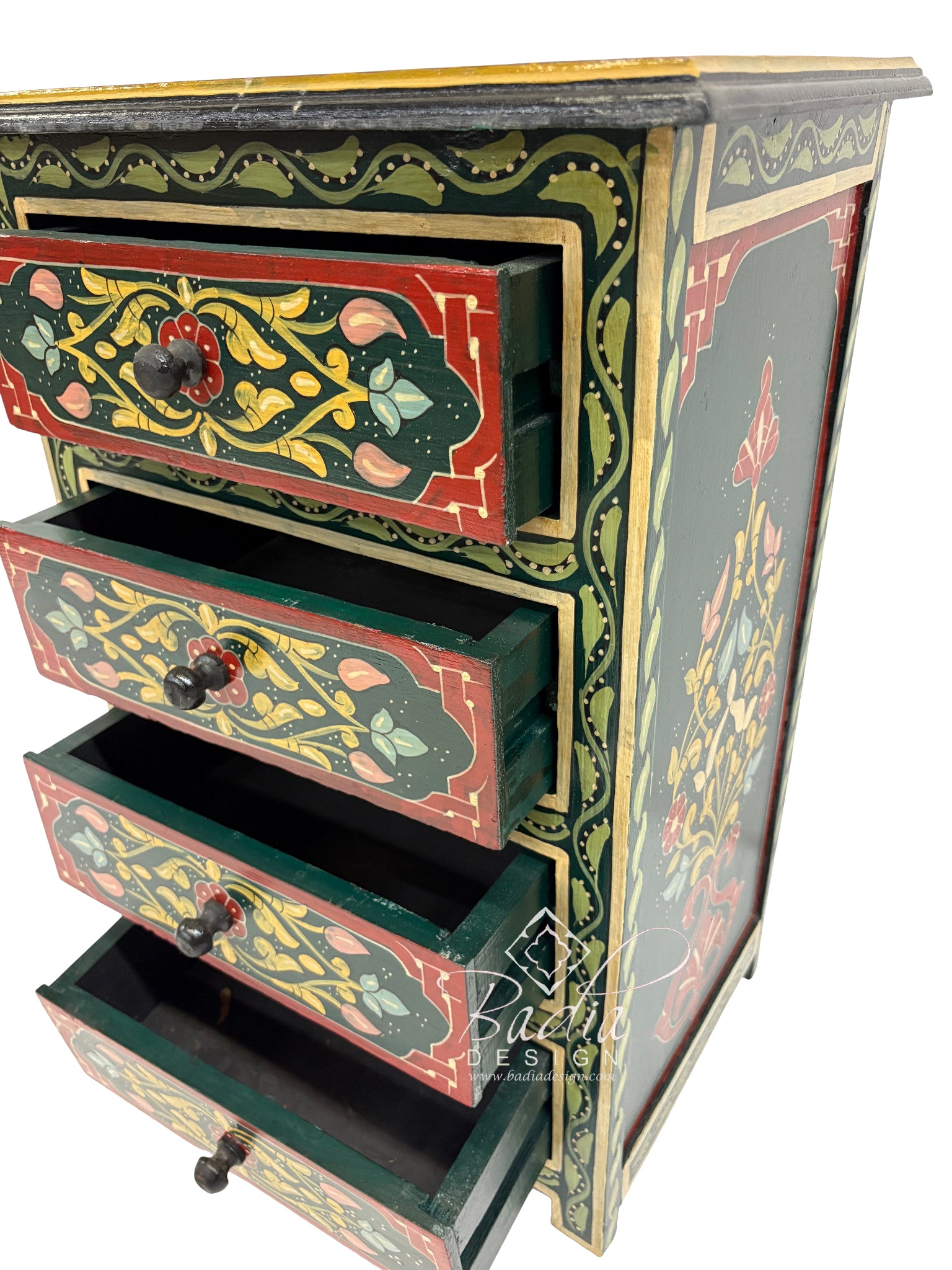 Decorative wooden chest with intricate patterns and open drawers on a white background