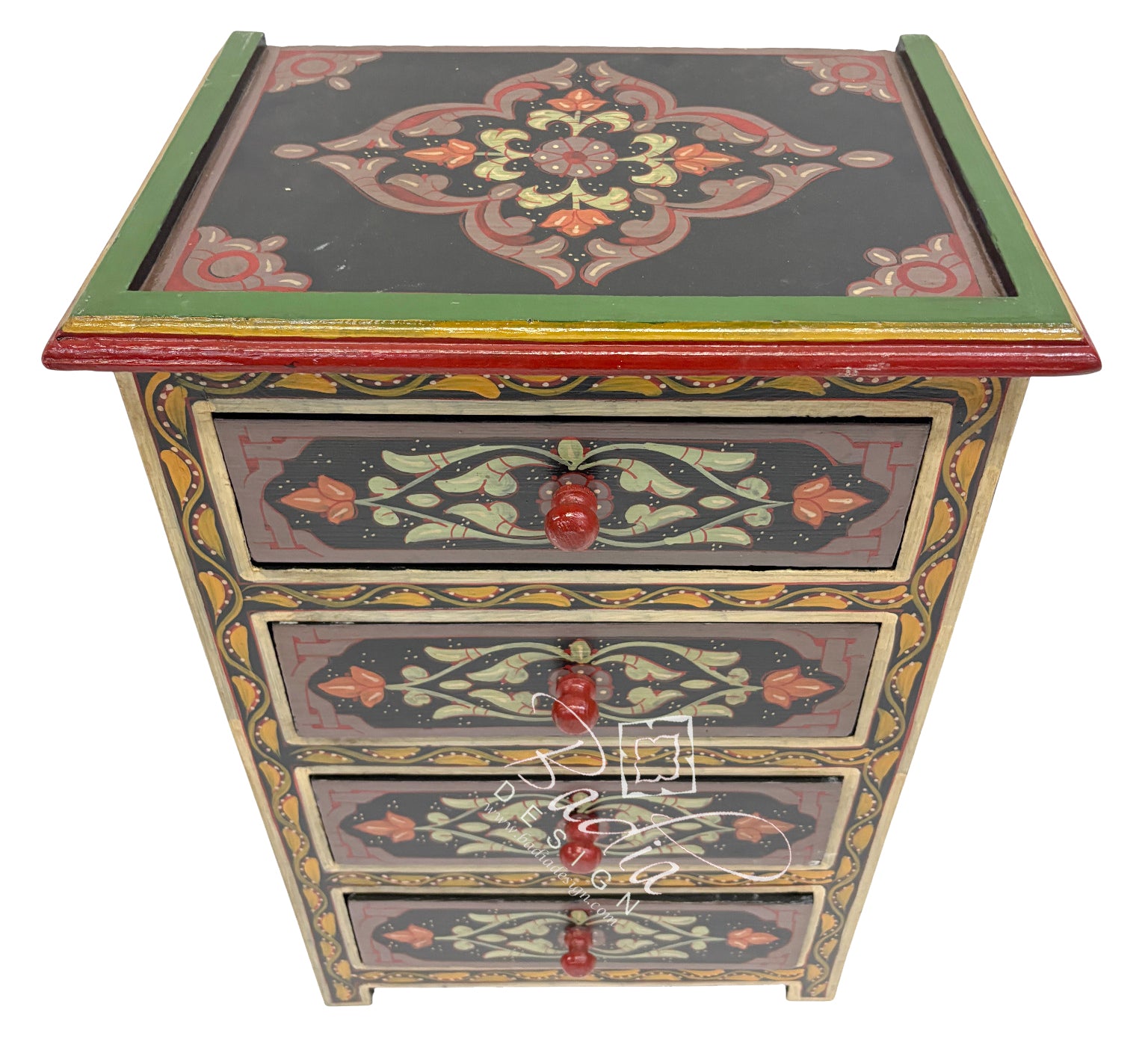 Decorative wooden chest with intricate patterns and red handles on a white background