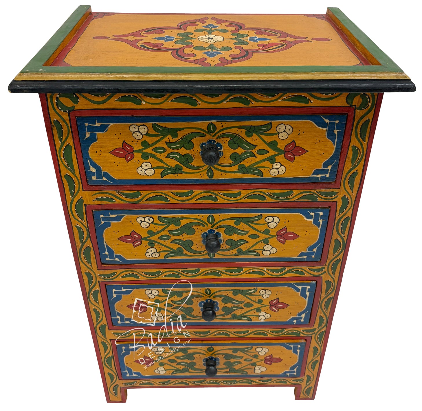 Orange Decorative wooden chest with colorful floral patterns on a white background