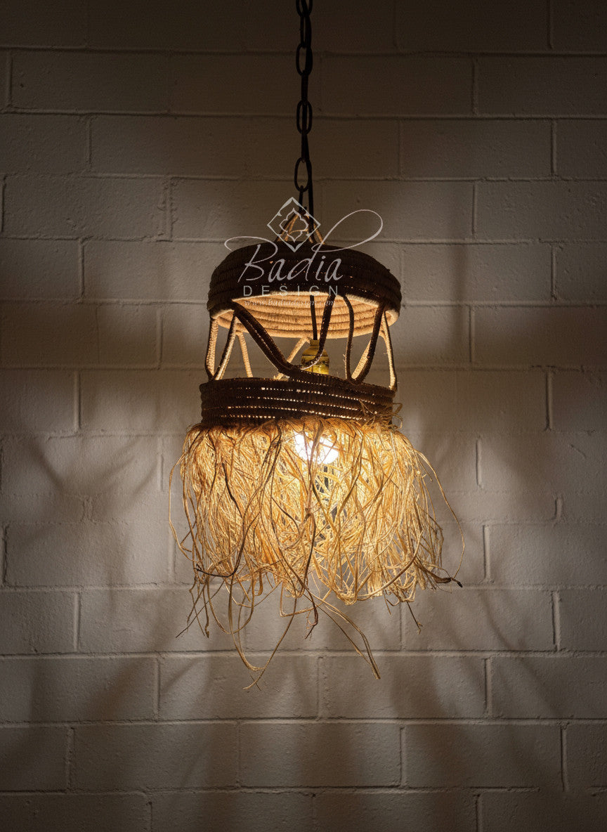 Handwoven Raffia Lantern with Fringe