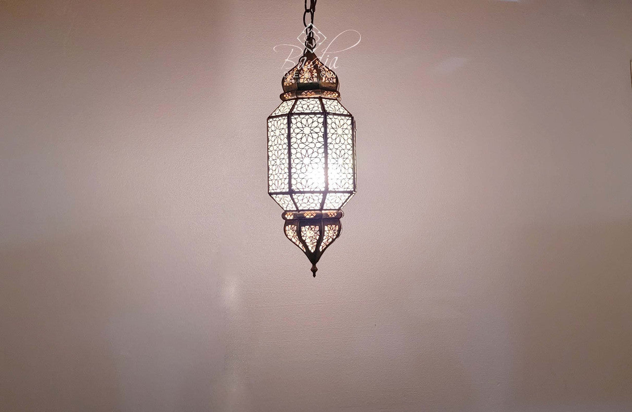 Hanging Brass Lantern with White Glass