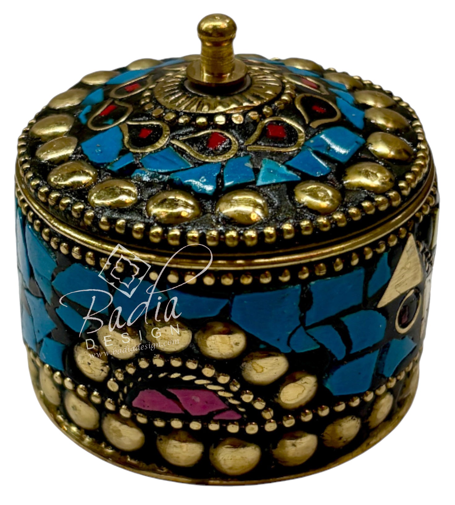 Decorative jewelry box with mosaic design and gold accents on a white background