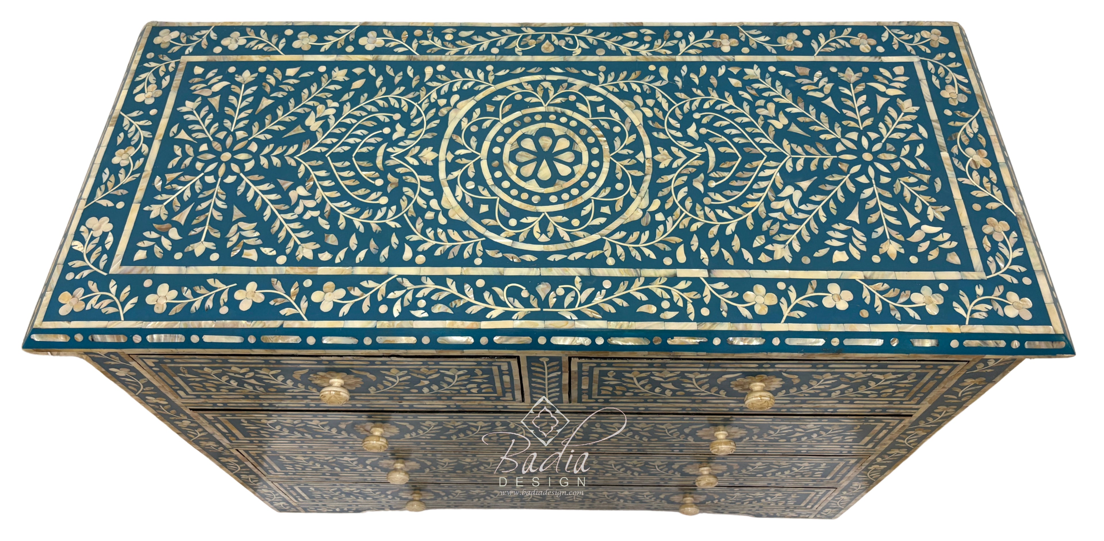 Teal Blue and Ivory Off-White Mother of Pearl Inlay Dresser