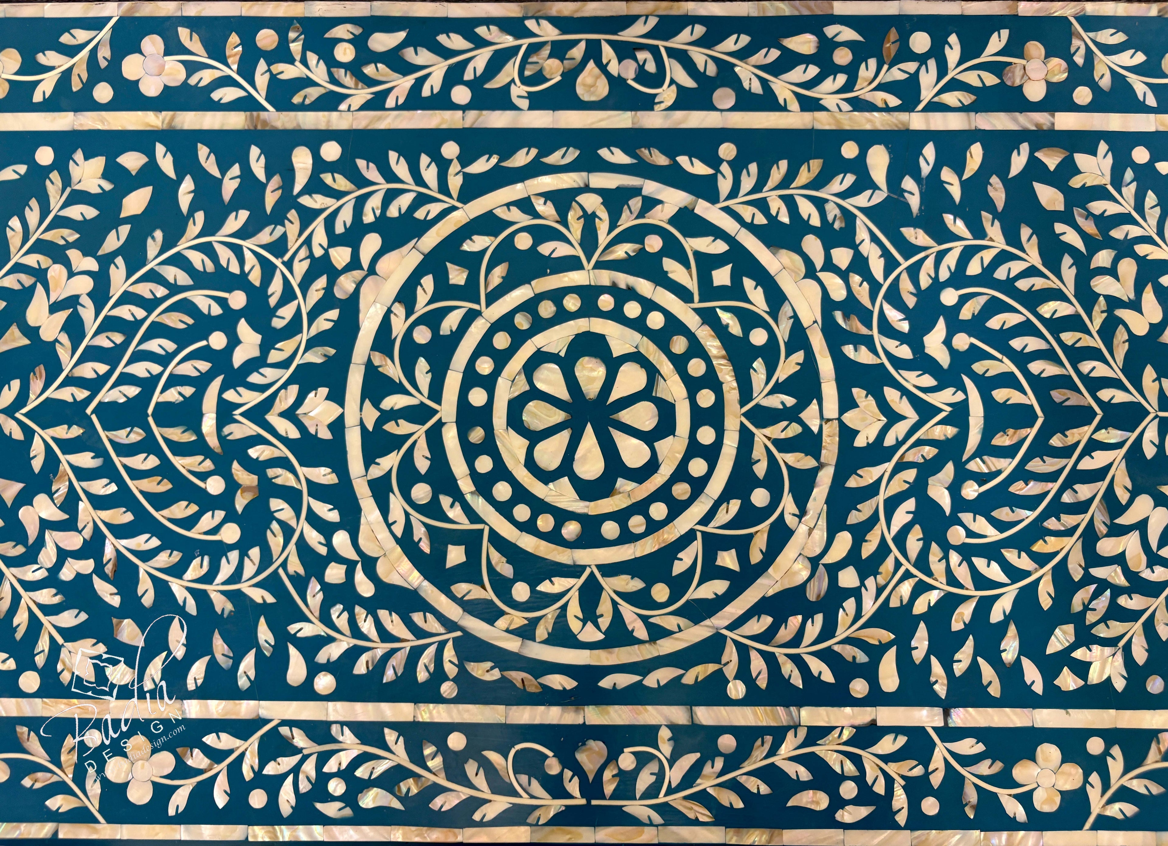 Teal Blue and Ivory Off-White Mother of Pearl Inlay Dresser