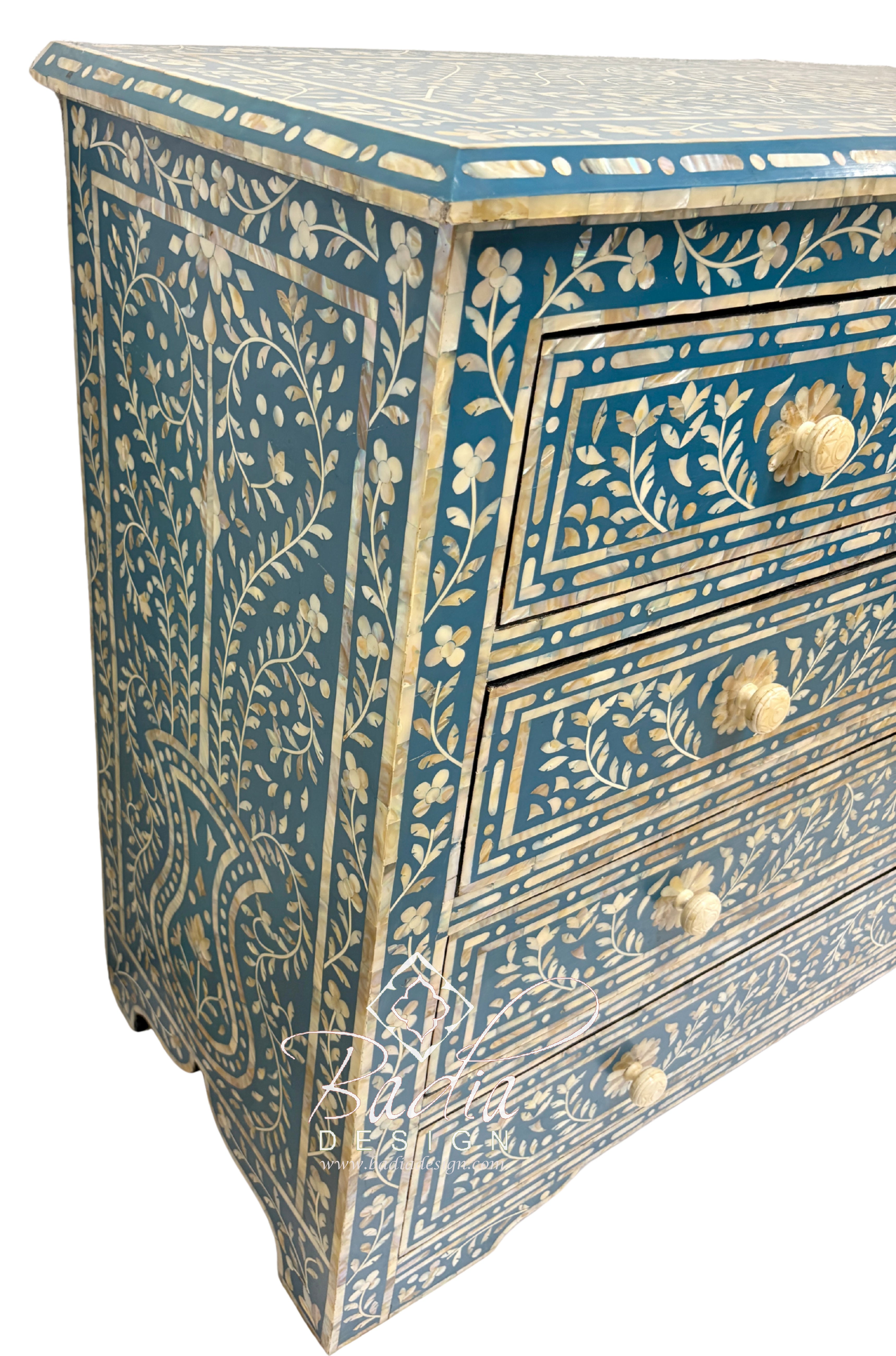 Teal Blue and Ivory Off-White Mother of Pearl Inlay Dresser
