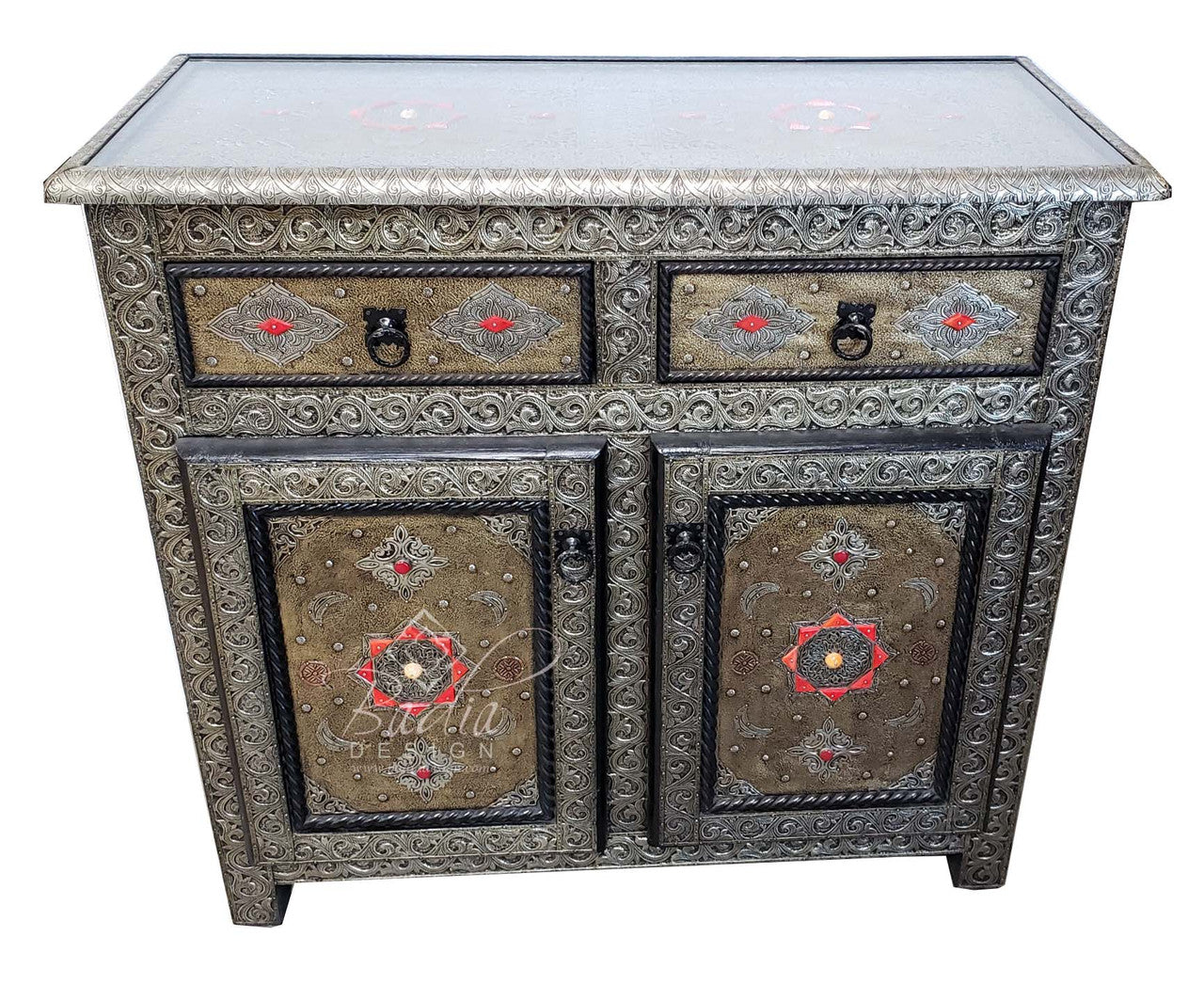 Intricate Embossed Metal and Bone Inlay Cabinet