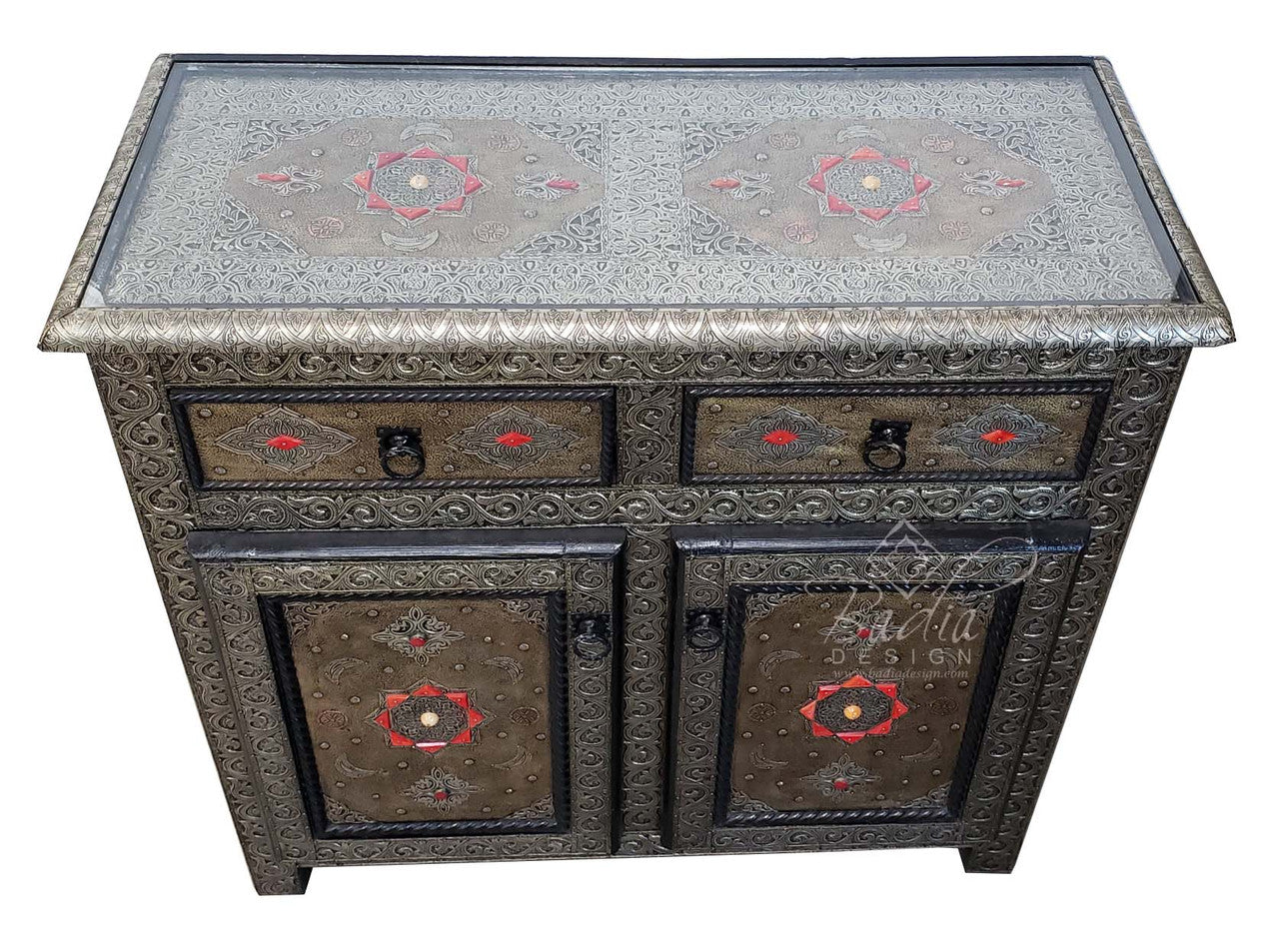 Intricate Embossed Metal and Bone Inlay Cabinet