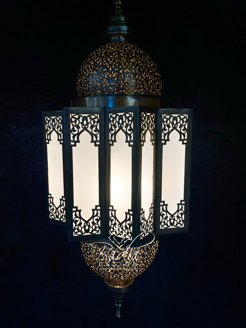 Intricately Designed Brass Chandelier with White Glass