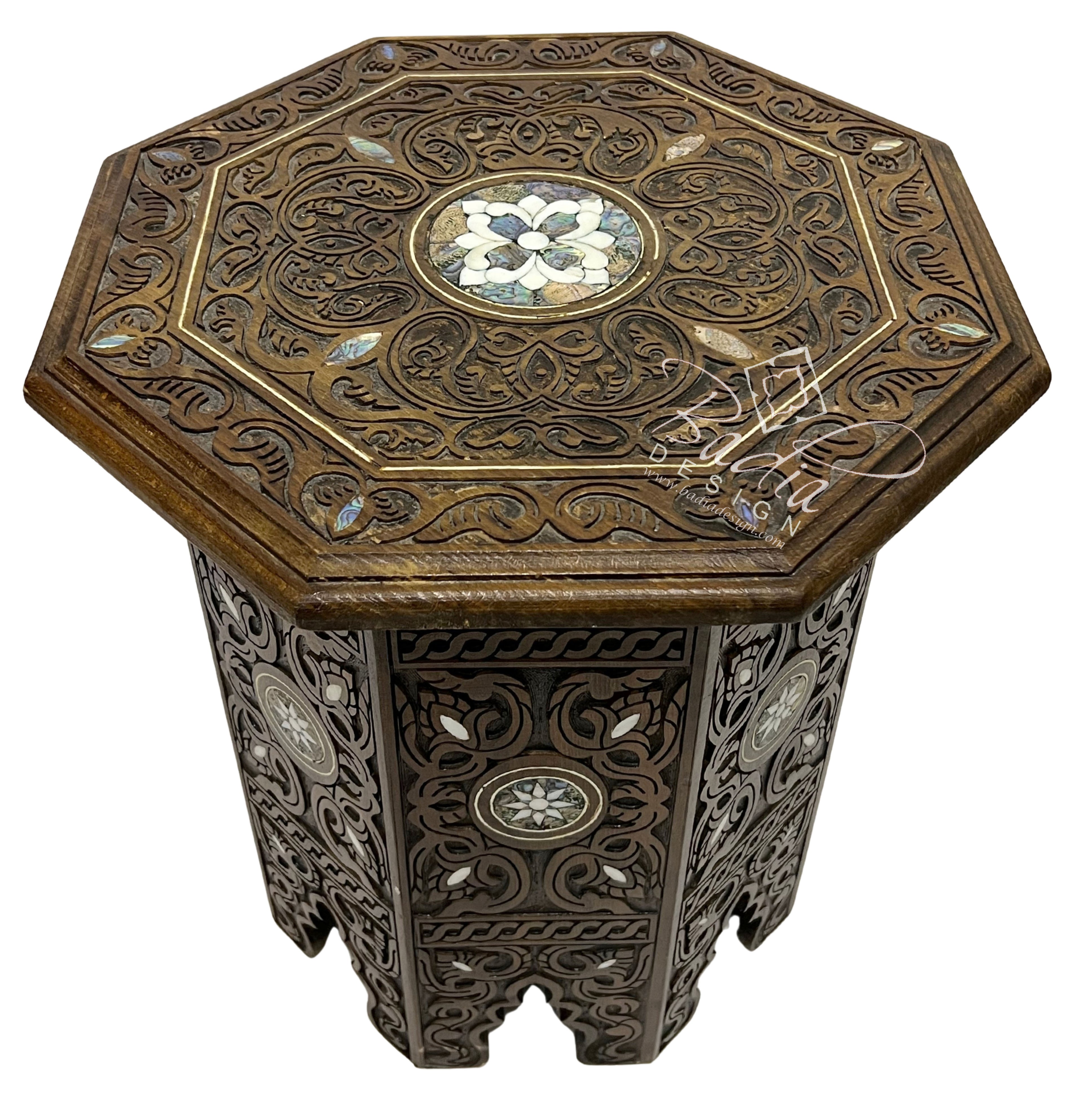 Intricately Designed Hand Carved Side Table with Inlay