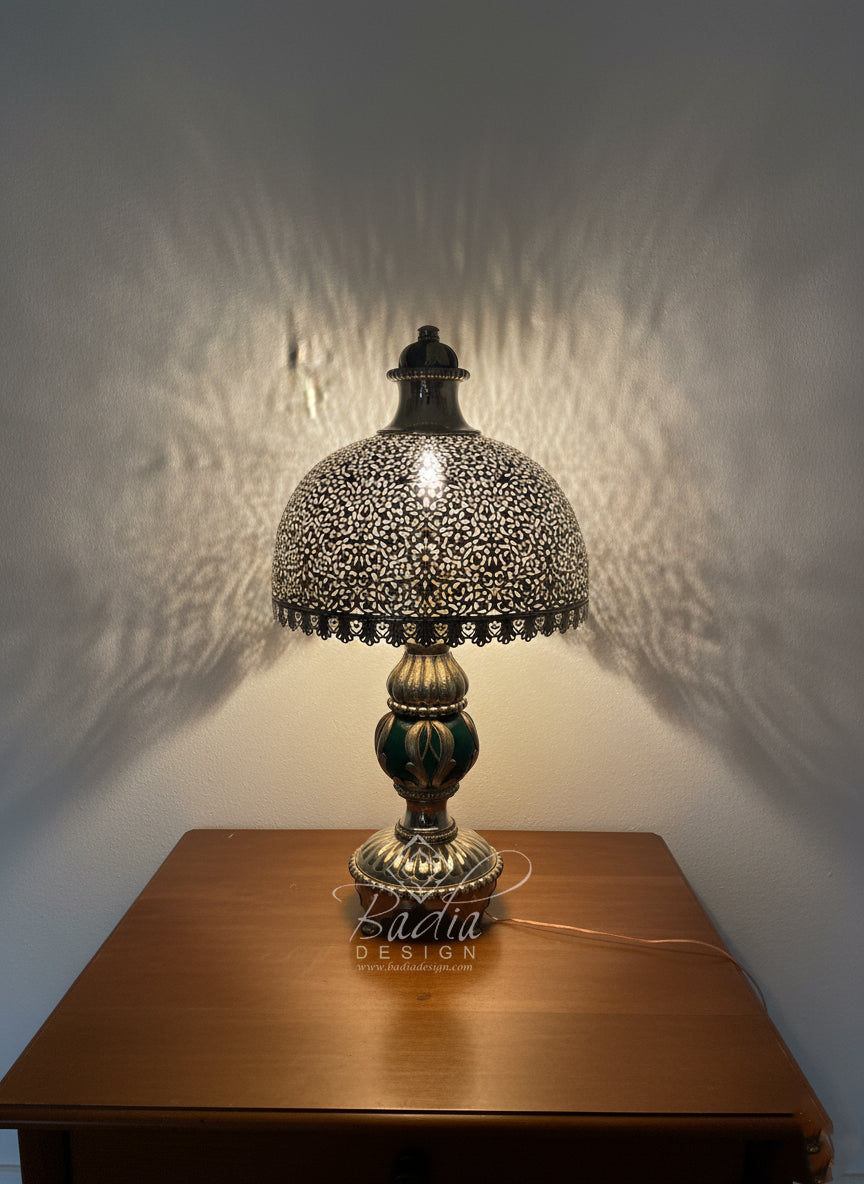 Intricately Designed Silver and Ceramic Desktop Lamp