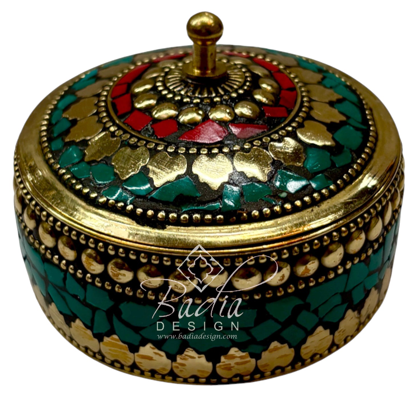 Moroccan Decorative Resin Jewelry Container with Green and Red Design