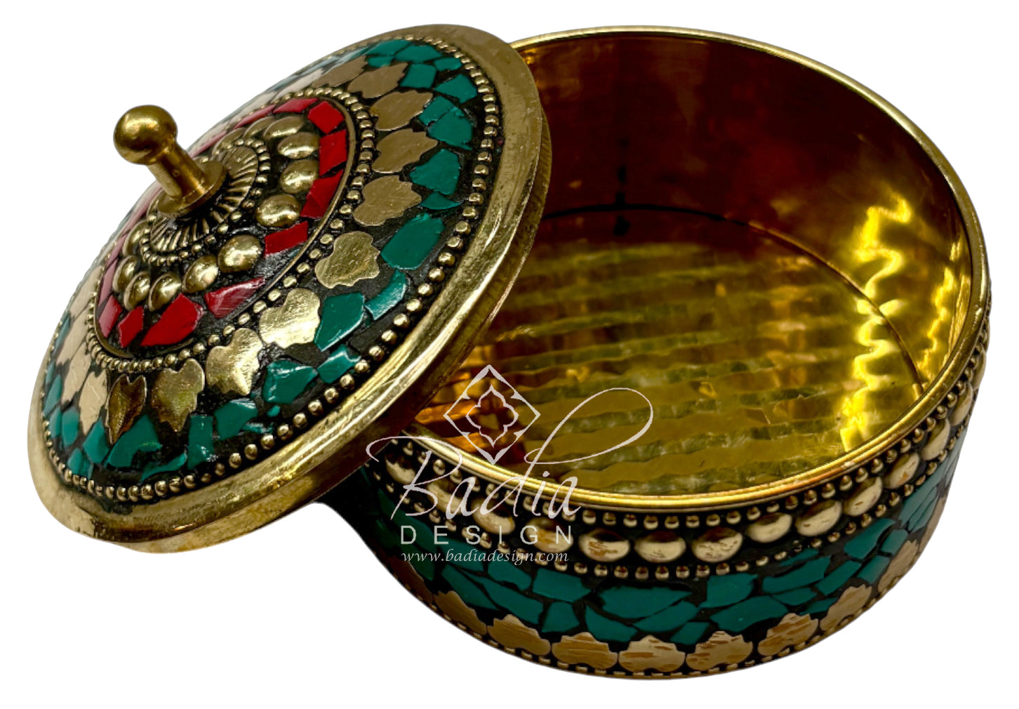 Moroccan Decorative Resin Jewelry Container with Green and Red Design with Open Lid