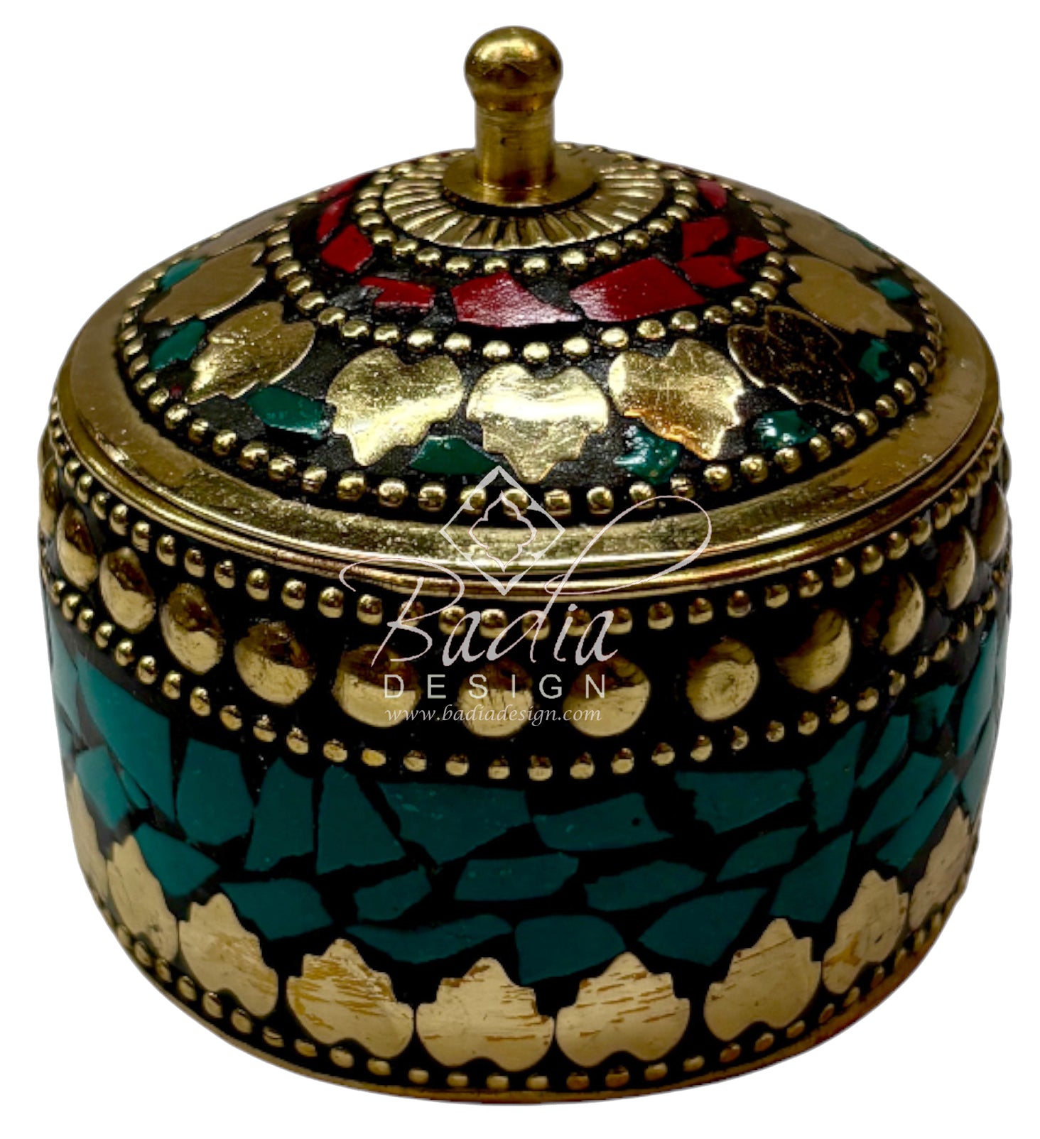 Decorative jewelry box with intricate designs and colorful patterns on a white background.