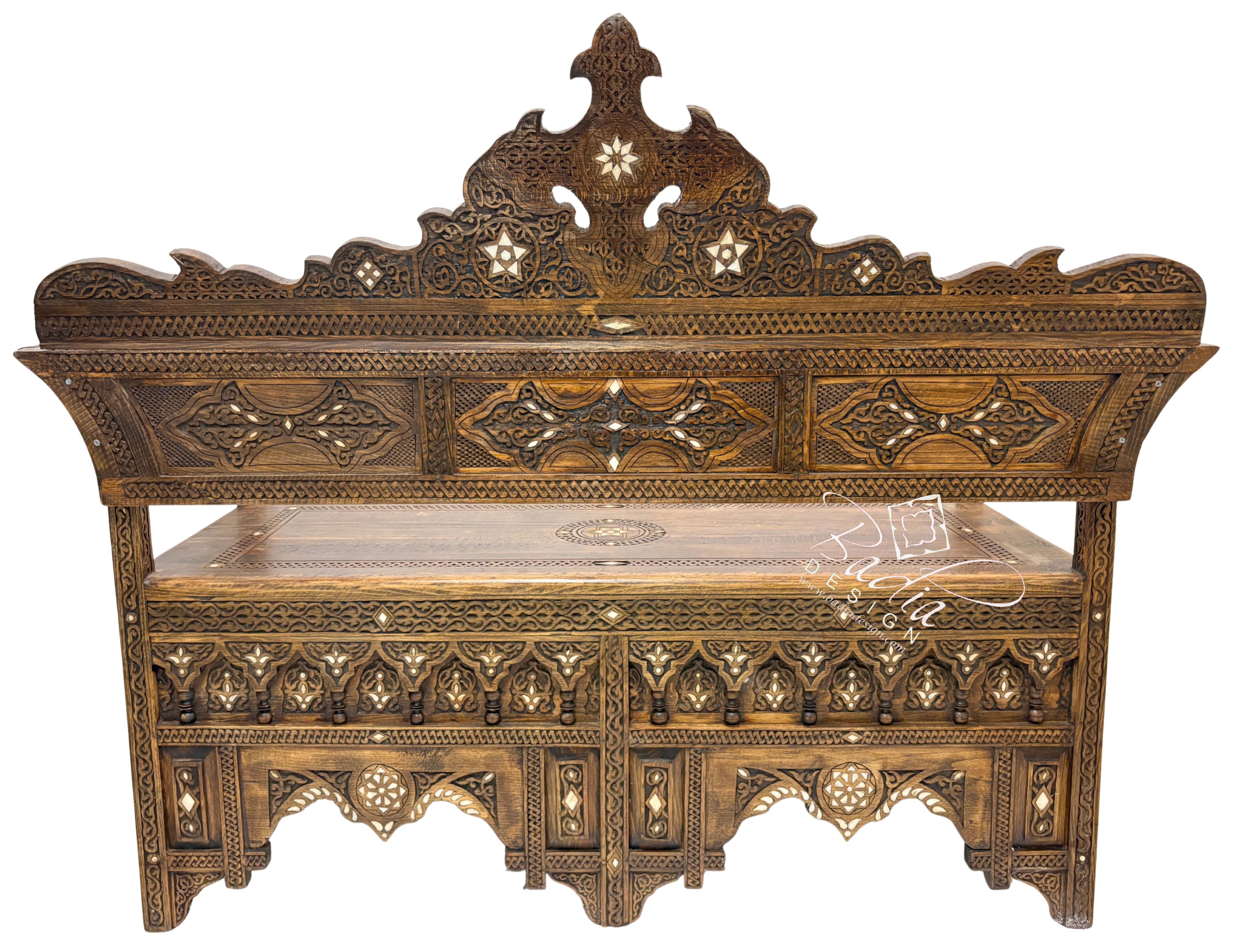 Large Stained Wood Inlay Bench