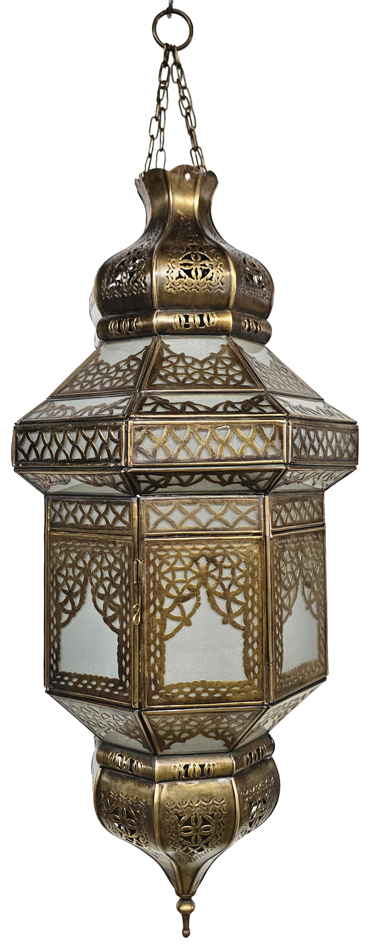 Hanging Brass Lantern with White Glass