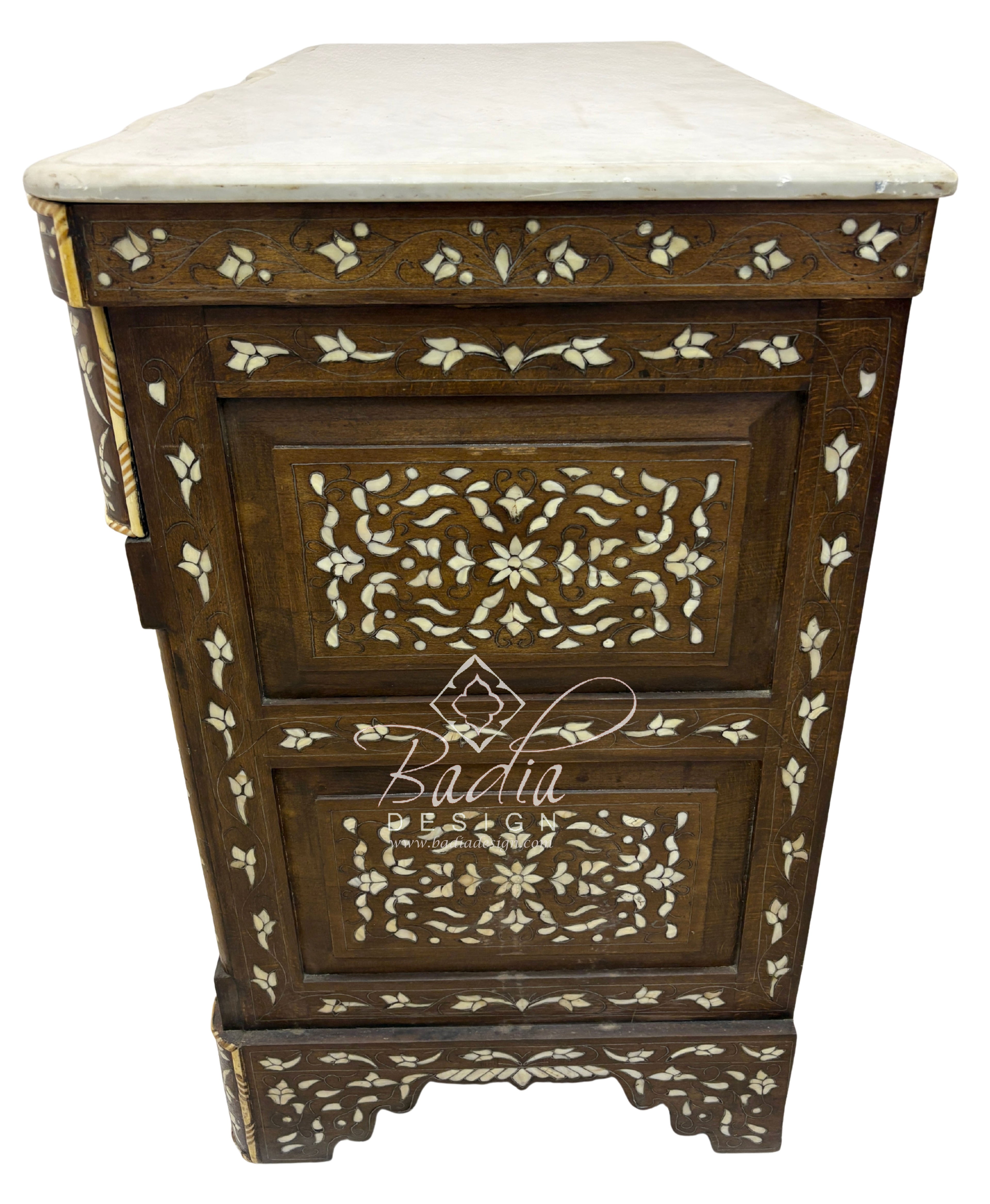 White Mother of Pearl Inlay Dresser with Three Drawers and Light Stained