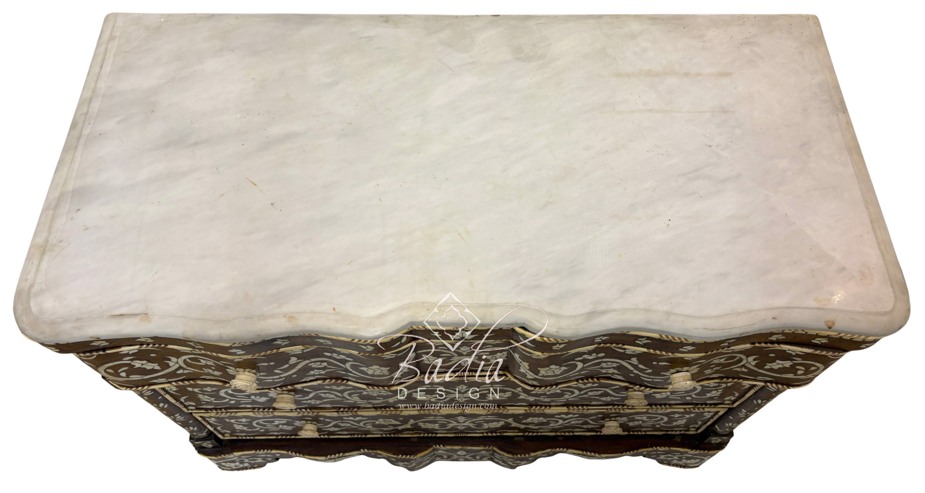 White Mother of Pearl Inlay Dresser with Three Drawers and Light Stained