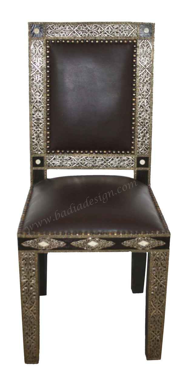 Embossed Metal Bone Inlay Chair with Leather Seat