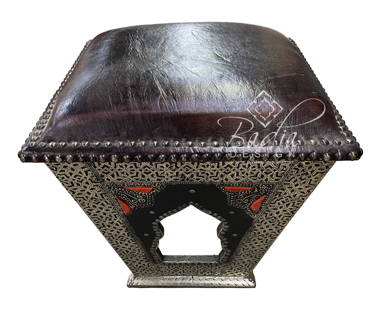 Embossed Metal and Orange Bone Leather Ottoman