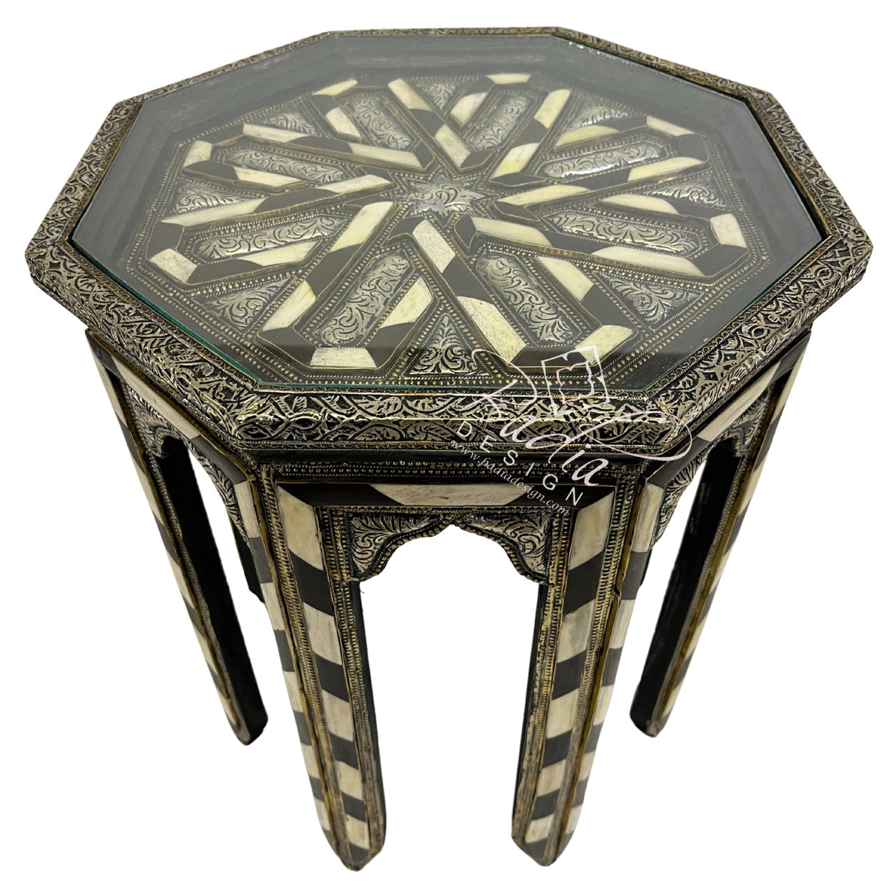 Octagon Embossed Metal and Bone Inlay Table Glass Top