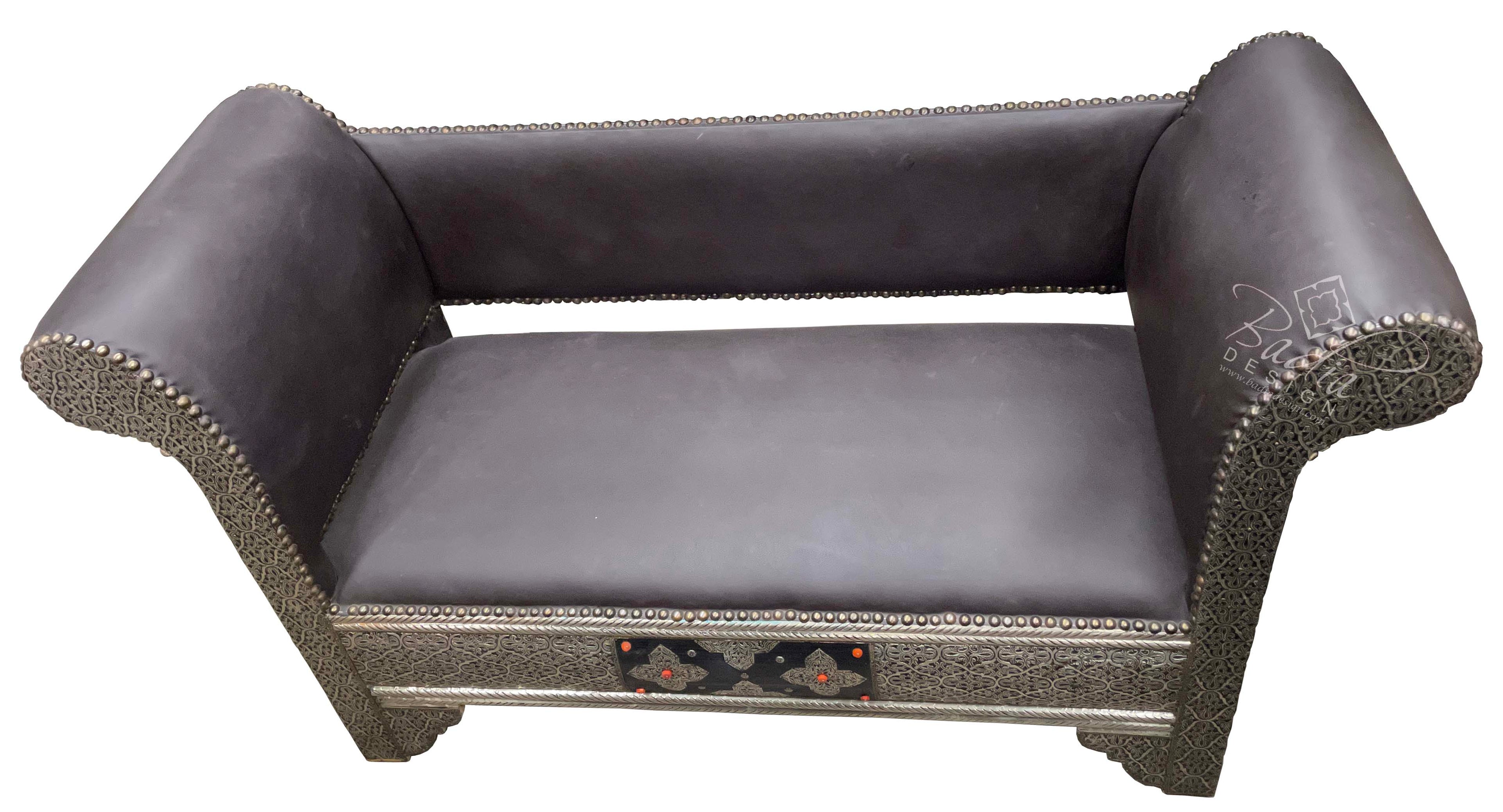 Moroccan Embossed Metal Bone Inlay Bench with Leather Seat